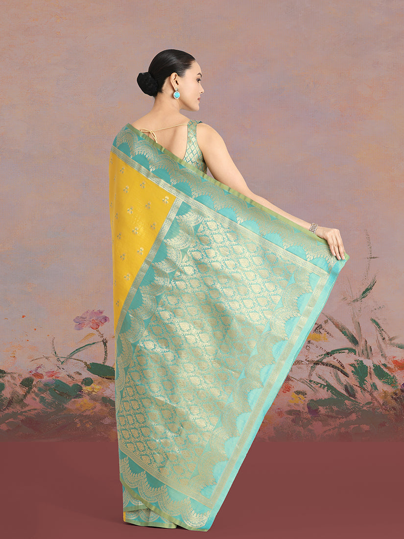 Monjolika Fashion Yellow Color Weaving Banarasi Tissue Silk Classic Saree