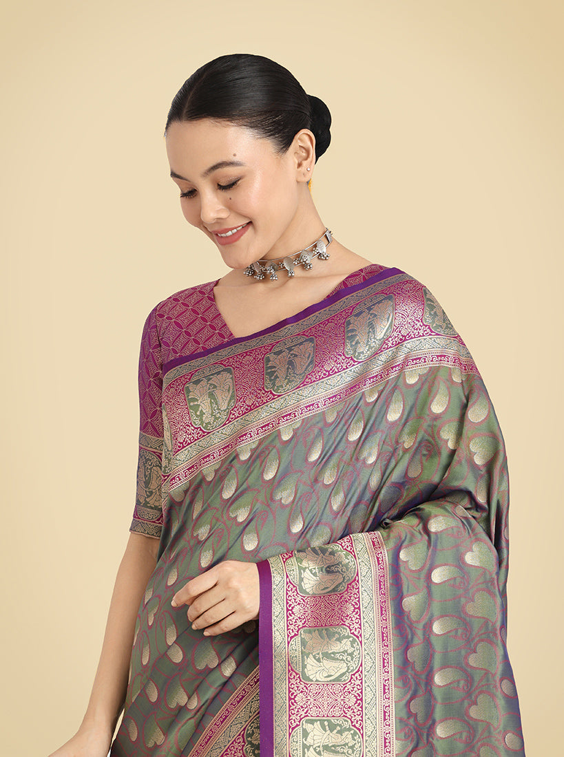 Monjolika Fashion Olive Green Color Weaving Banarasi Silktraditional Saree