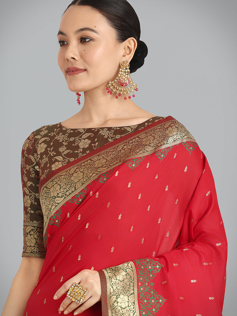 Monjolika Fashion Banarasi Silk Red Color Weaving Designer Saree