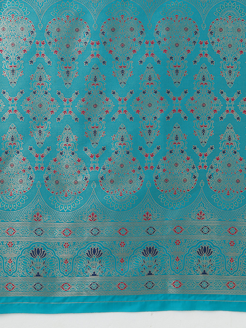 Monjolika Fashion Elegant Cyan Banarasi Silk Blend SareeBrocade Motifs & Zari Woven Splendor