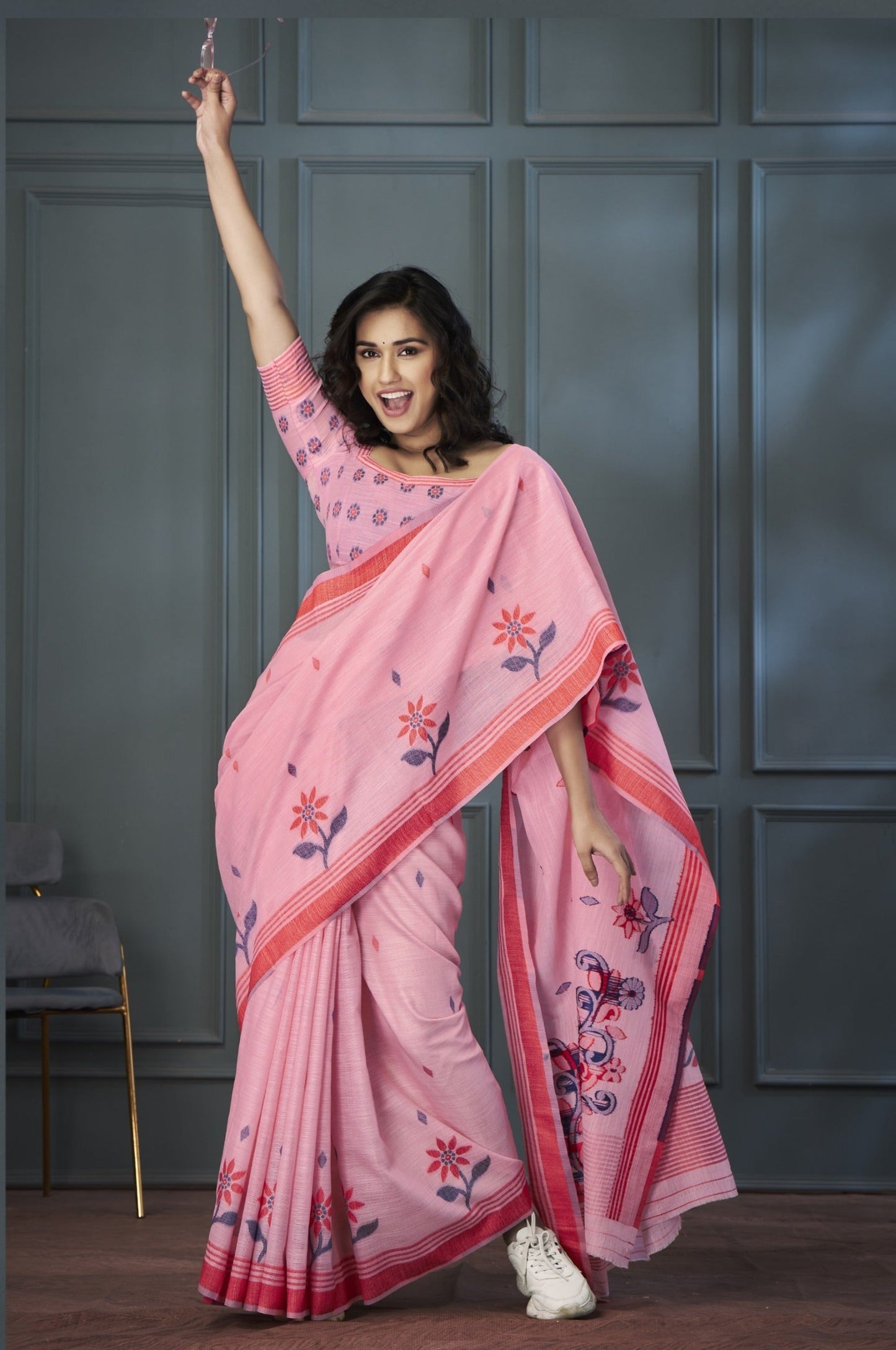 Anaita Pink Designer Weaving Handloom Linen Saree With Blouse