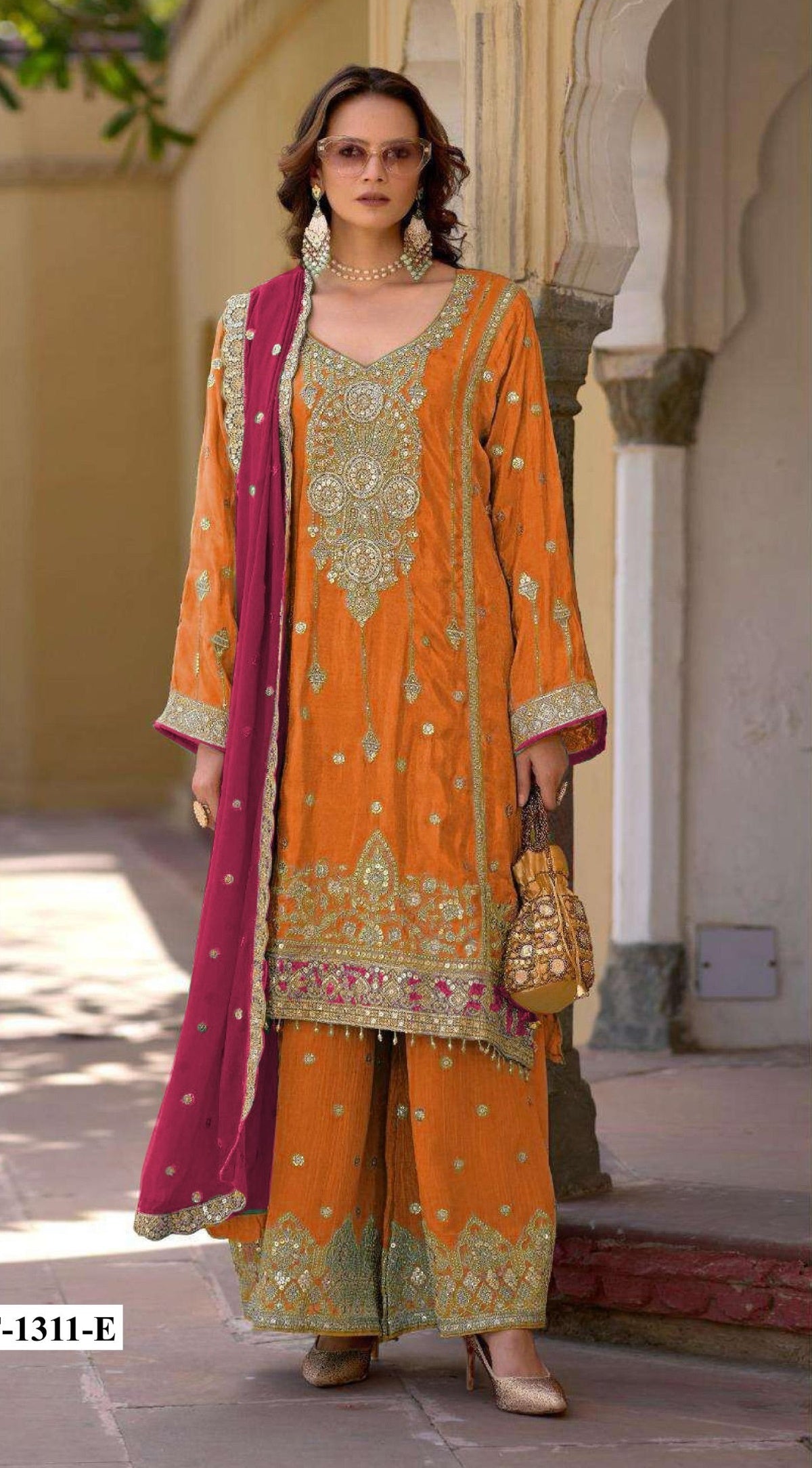 Anaita Orange Heavy Chinon Suit With Embroidery Bits Work