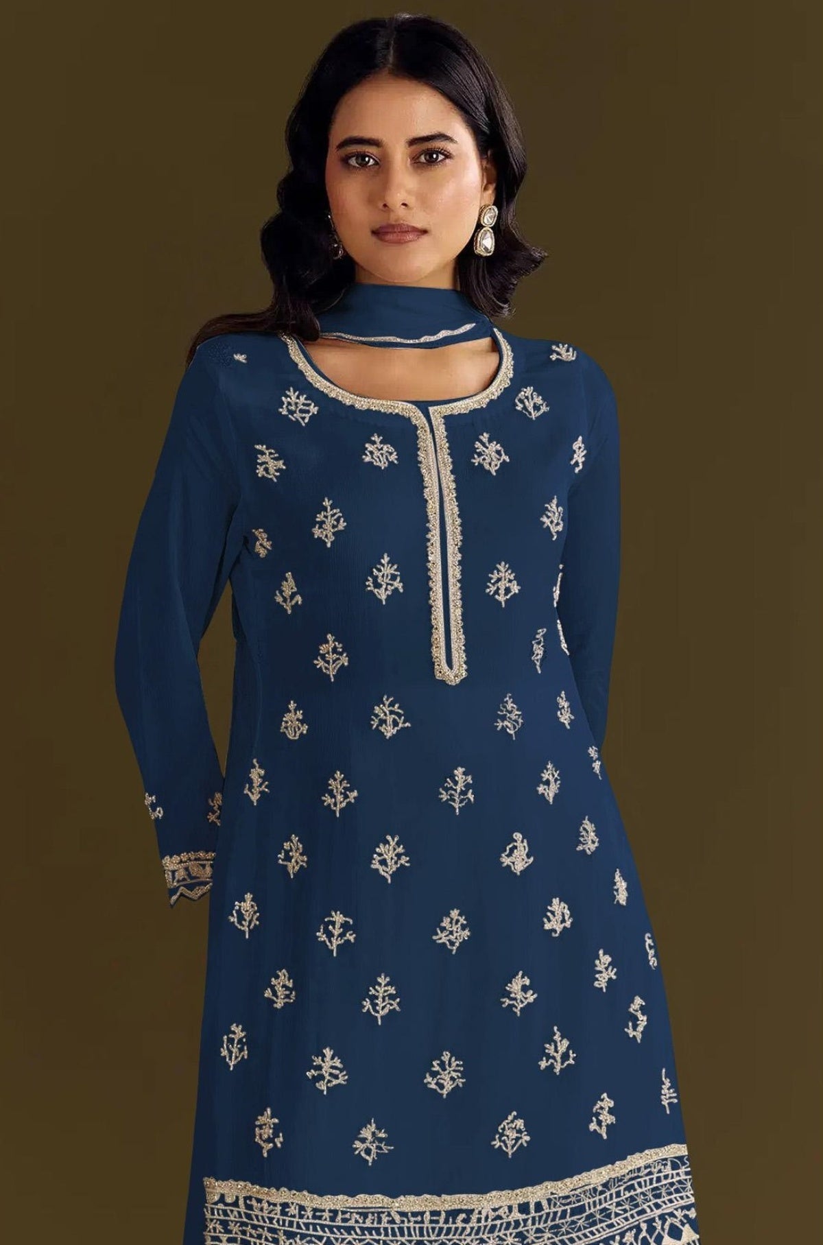 Anaita Navy Blue Heavy Chinon Suit With Embroidery Bits Work