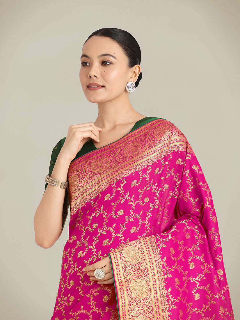Monjolika Fashion Rani Pink Color Banarasi Silk Wedding Collection Saree