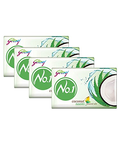 Godrej No.1 Coconut and Neem Soap - 100 grams (3.5 oz) pack - with natural oils - Pack of 4