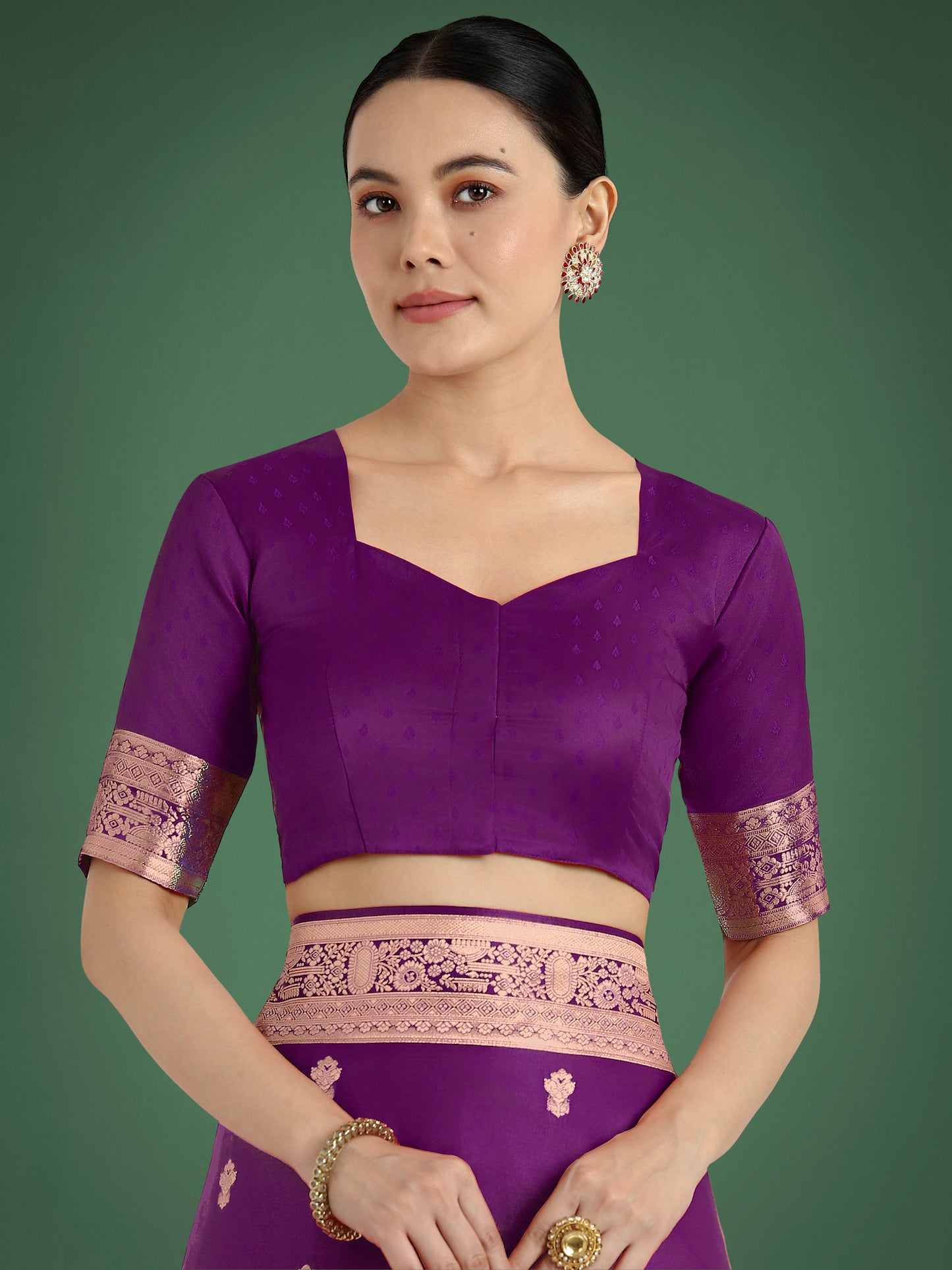 Monjolika Fashion Purple With Gold Bordar Banarasi Woven Satin Saree