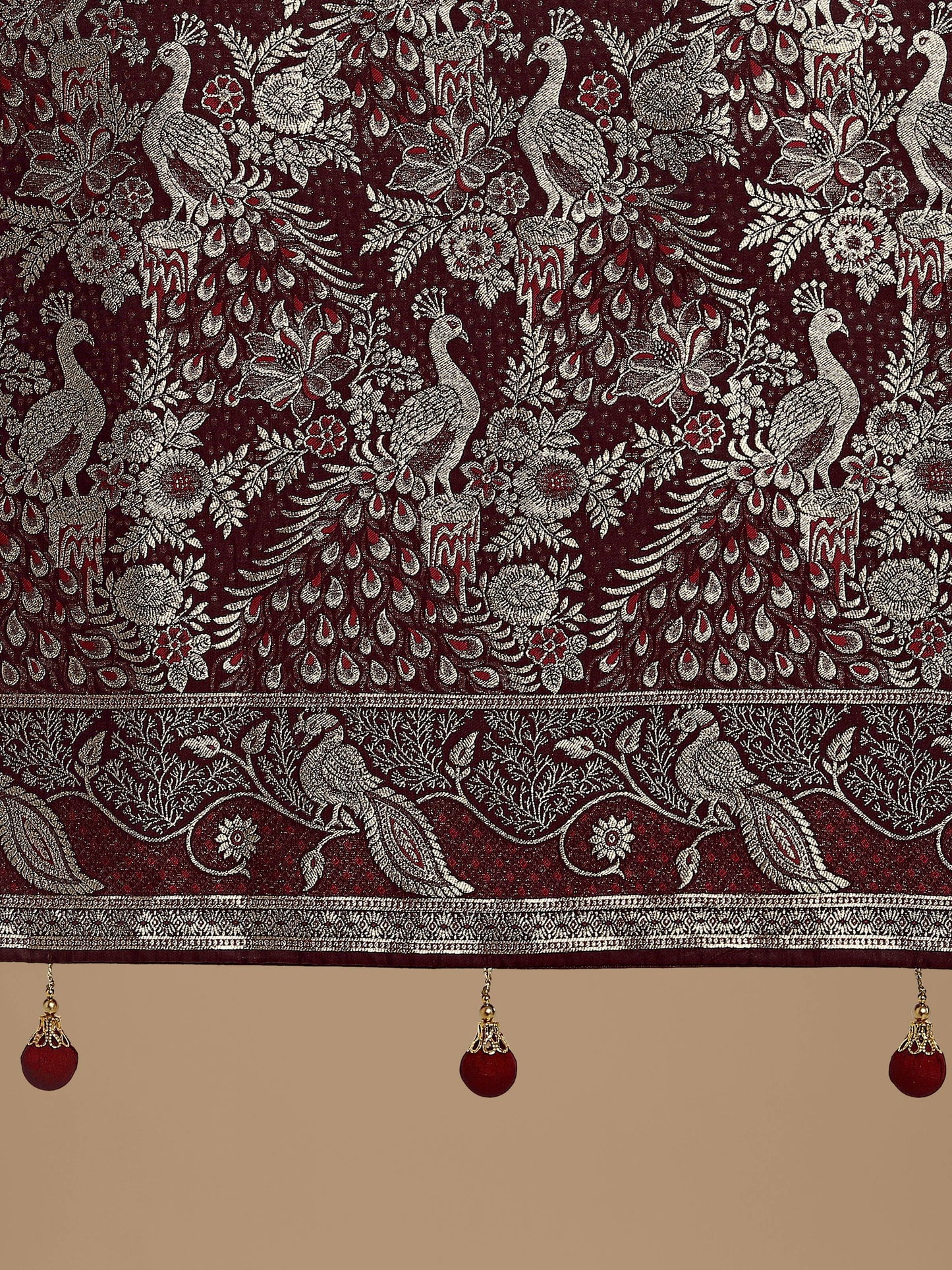 Monjolika Fashion Traditional Maroon Woven Banarasi Satin Silk Saree