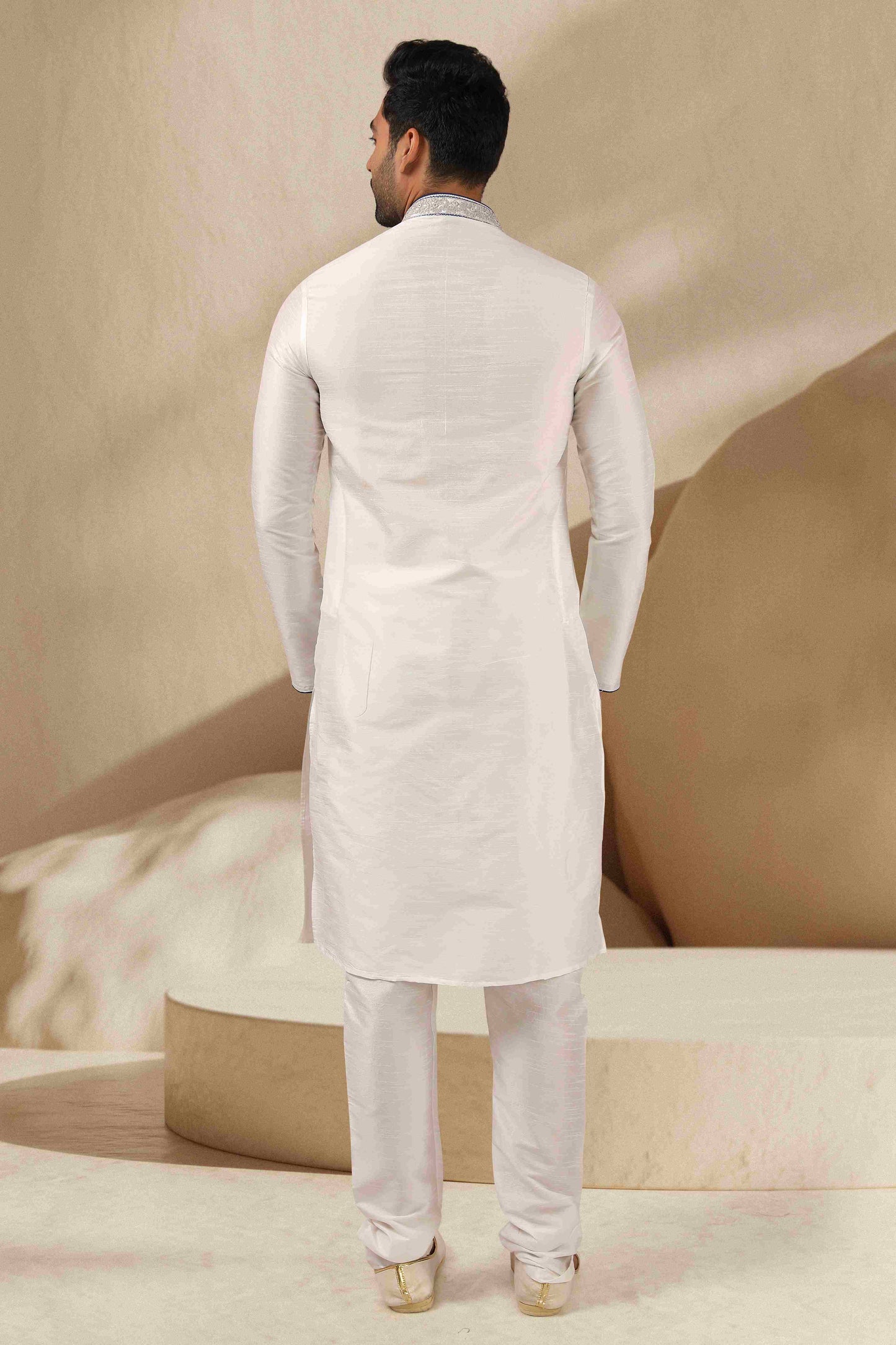Raivat Ethnic Banarasi Art Silk Mirror Work Kurta Pajama In Off White Colour