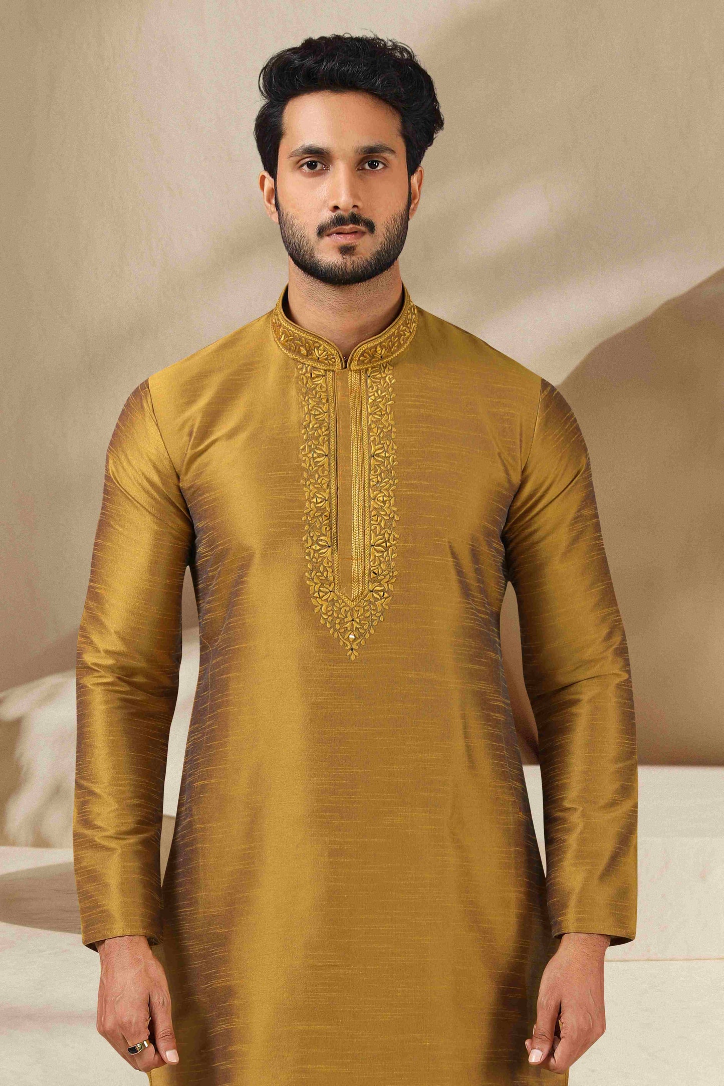 Raivat Ethnic Banarasi Art Silk Mirror Work Kurta Pajama In Gold Colour