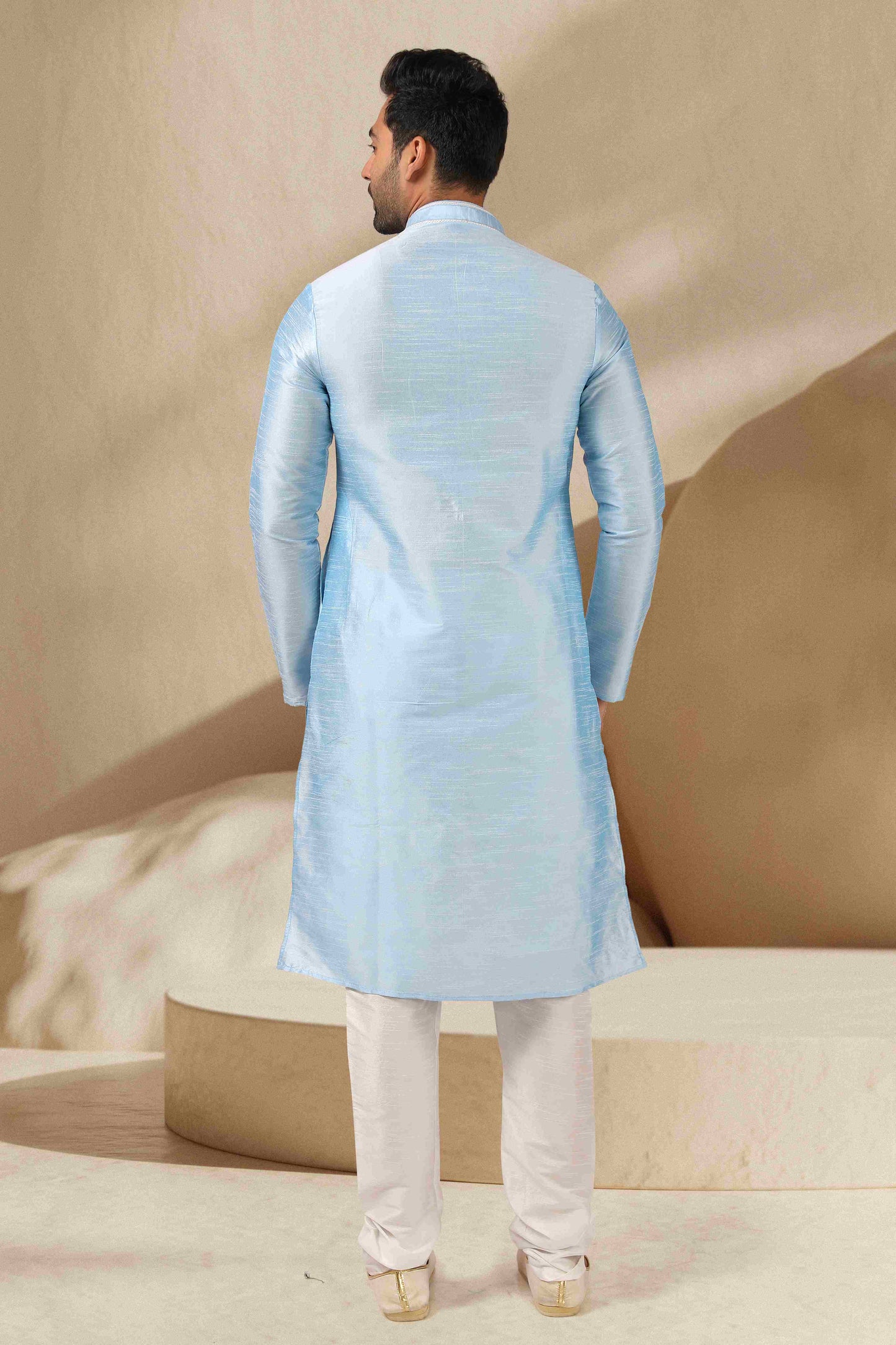 Raivat Ethnic Banarasi Art Silk Mirror Work Kurta Pajama In Sky Blue Colour