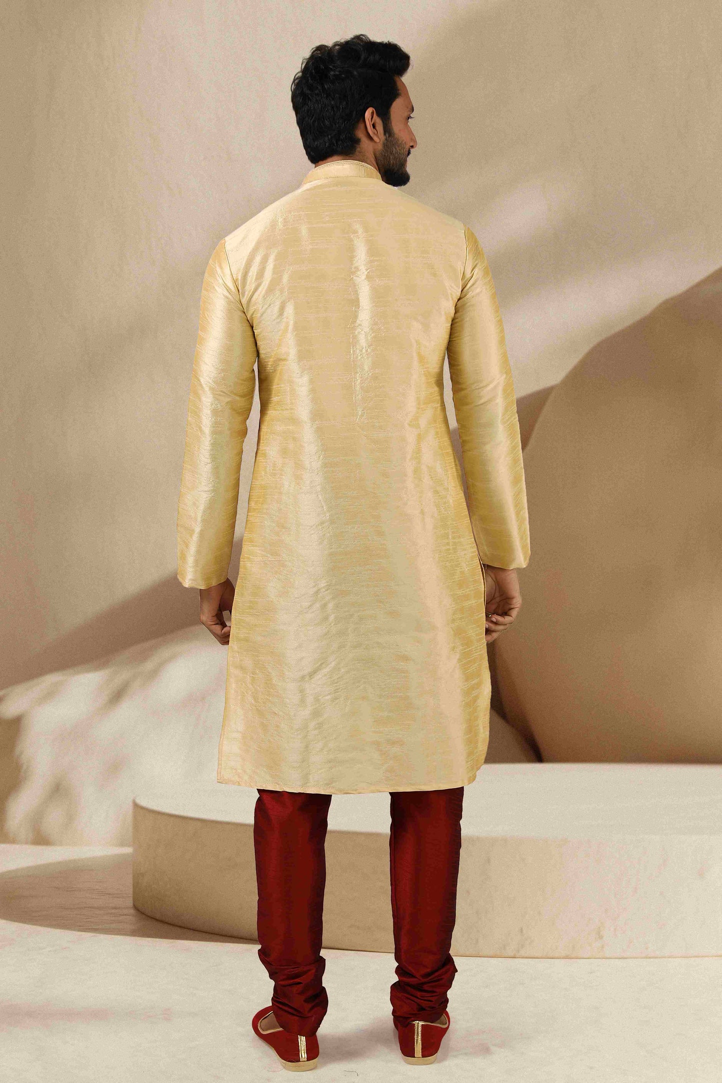 Raivat Ethnic Banarasi Art Silk Mirror Work Kurta Pajama In Beige Gold Colour