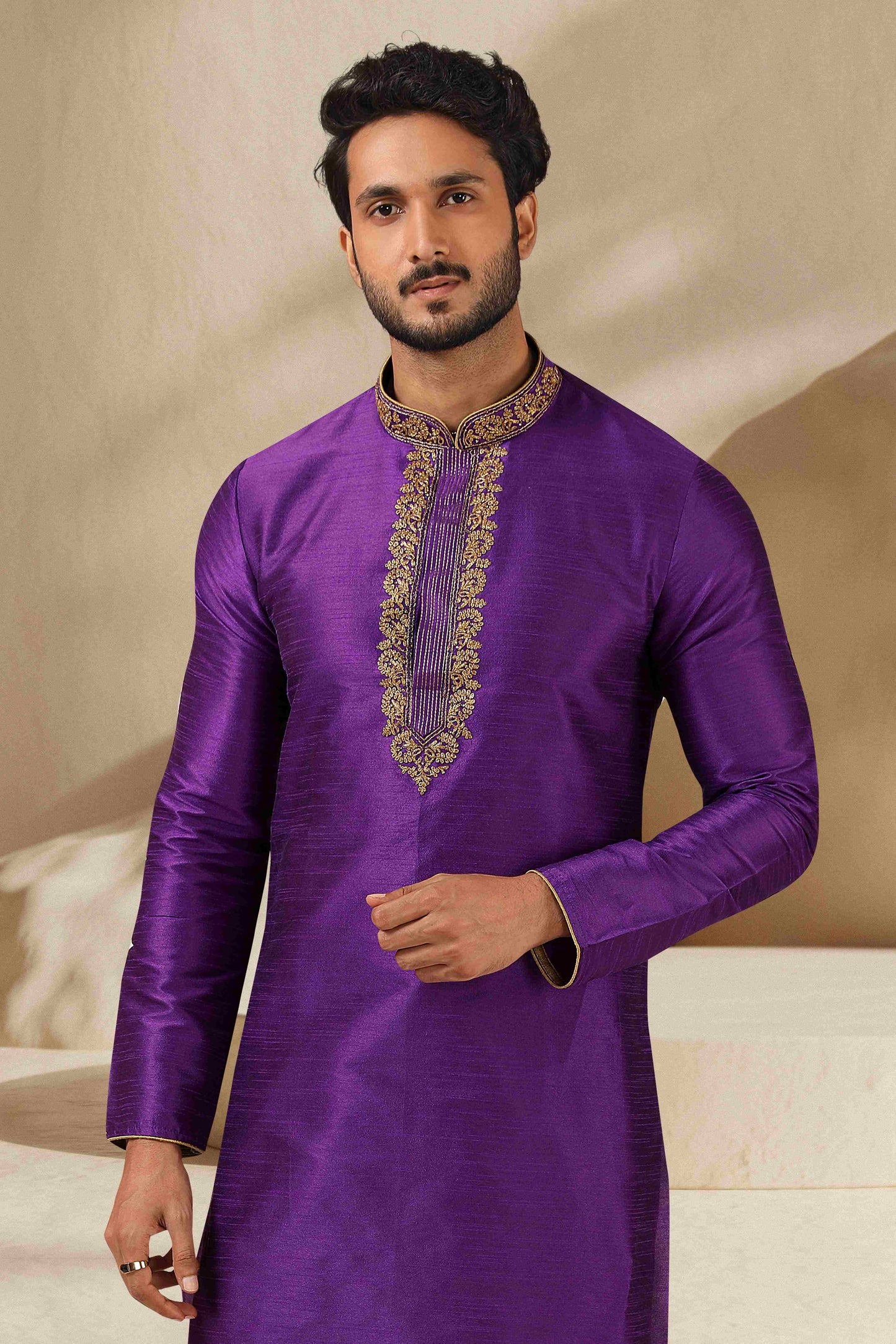 Raivat Ethnic Banarasi Art Silk Thread Work Kurta Pajama In Purple Colour