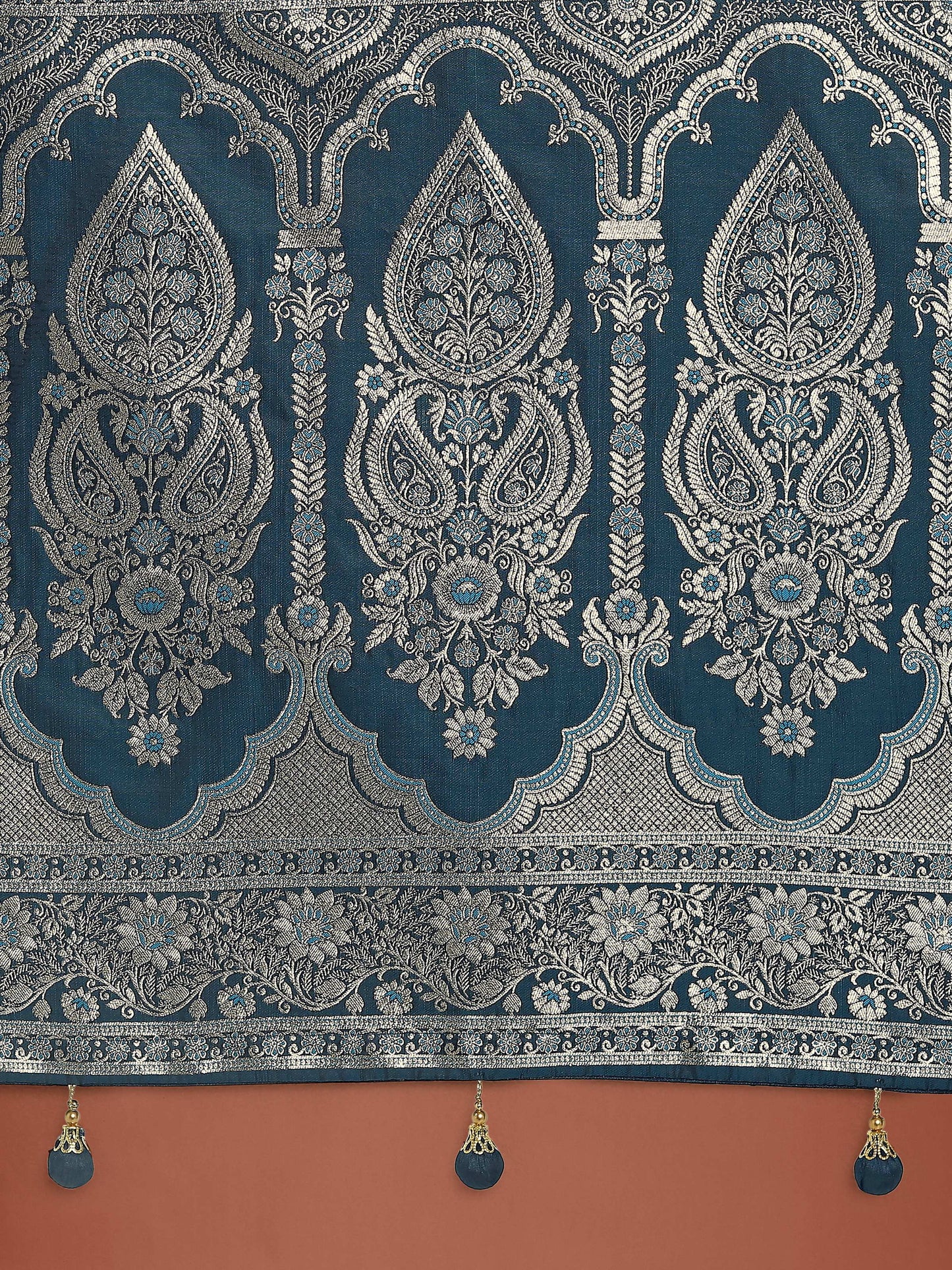 Monjolika Fashion Dark Teal Banarasi Satin Silk Saree with Intricate Zari Work with Rich Weaving Pattern