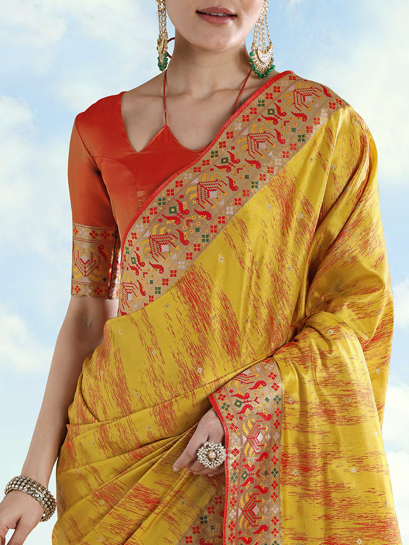 Monjolika Fashion Mustard Yellow Color Banarasi Tissue Silk Paithani Woven Saree