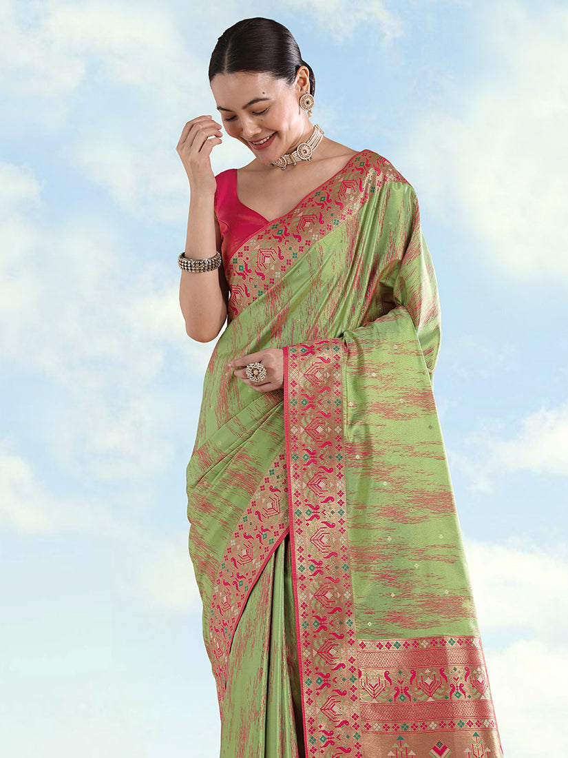 Monjolika Fashion Light Green Color Banarasi Tissue Silk Paithani Woven Saree