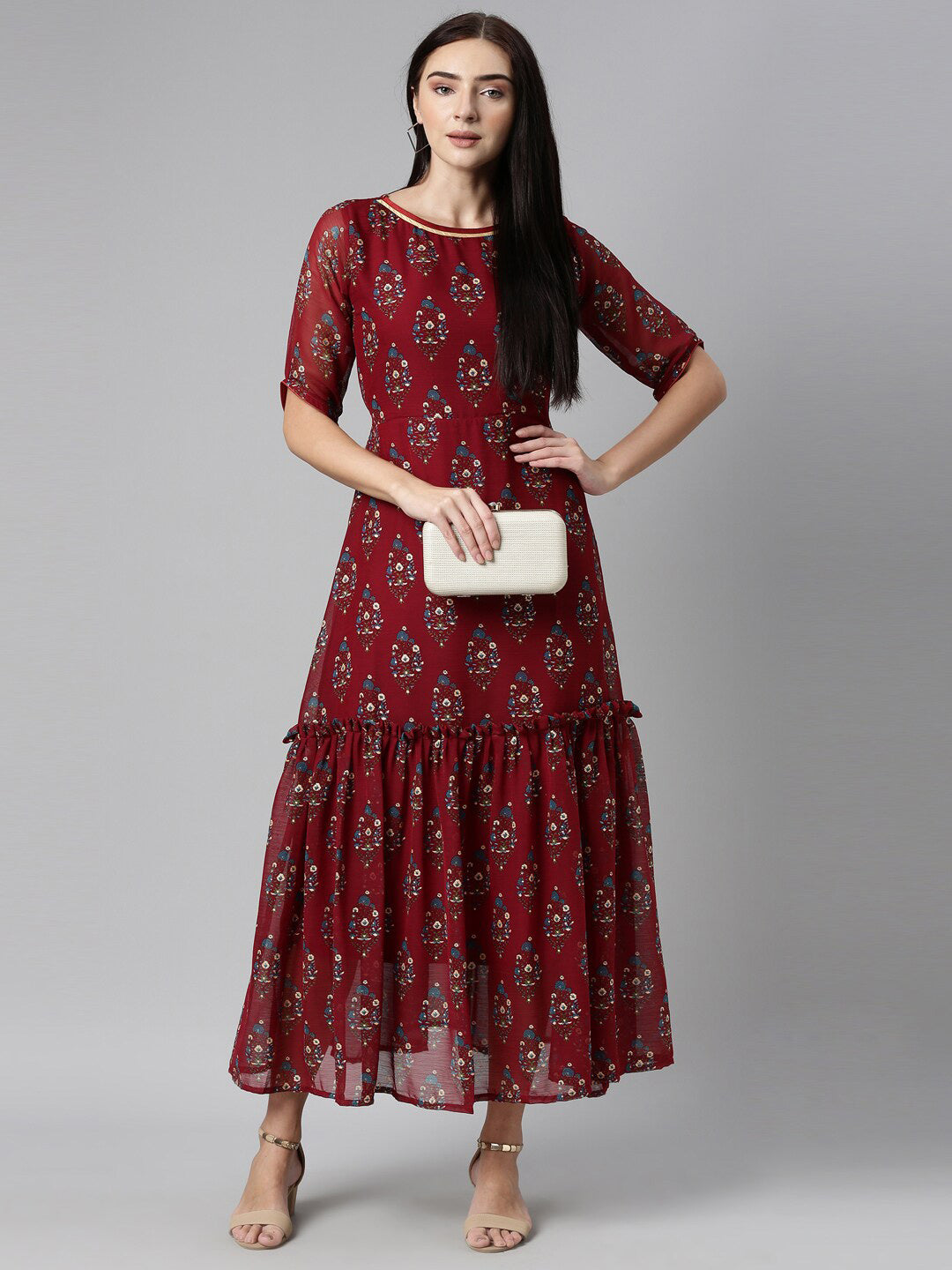 Souchii Floral Printed Boat Neck Chiffon Maxi Dress