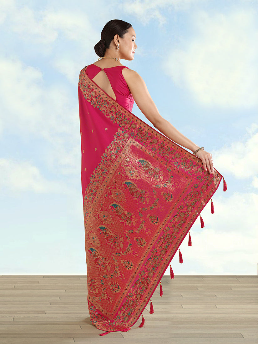 Monjolika Fashion Rani Pink Banarasi Satin Silk Saree With Zari Border And Butti Work