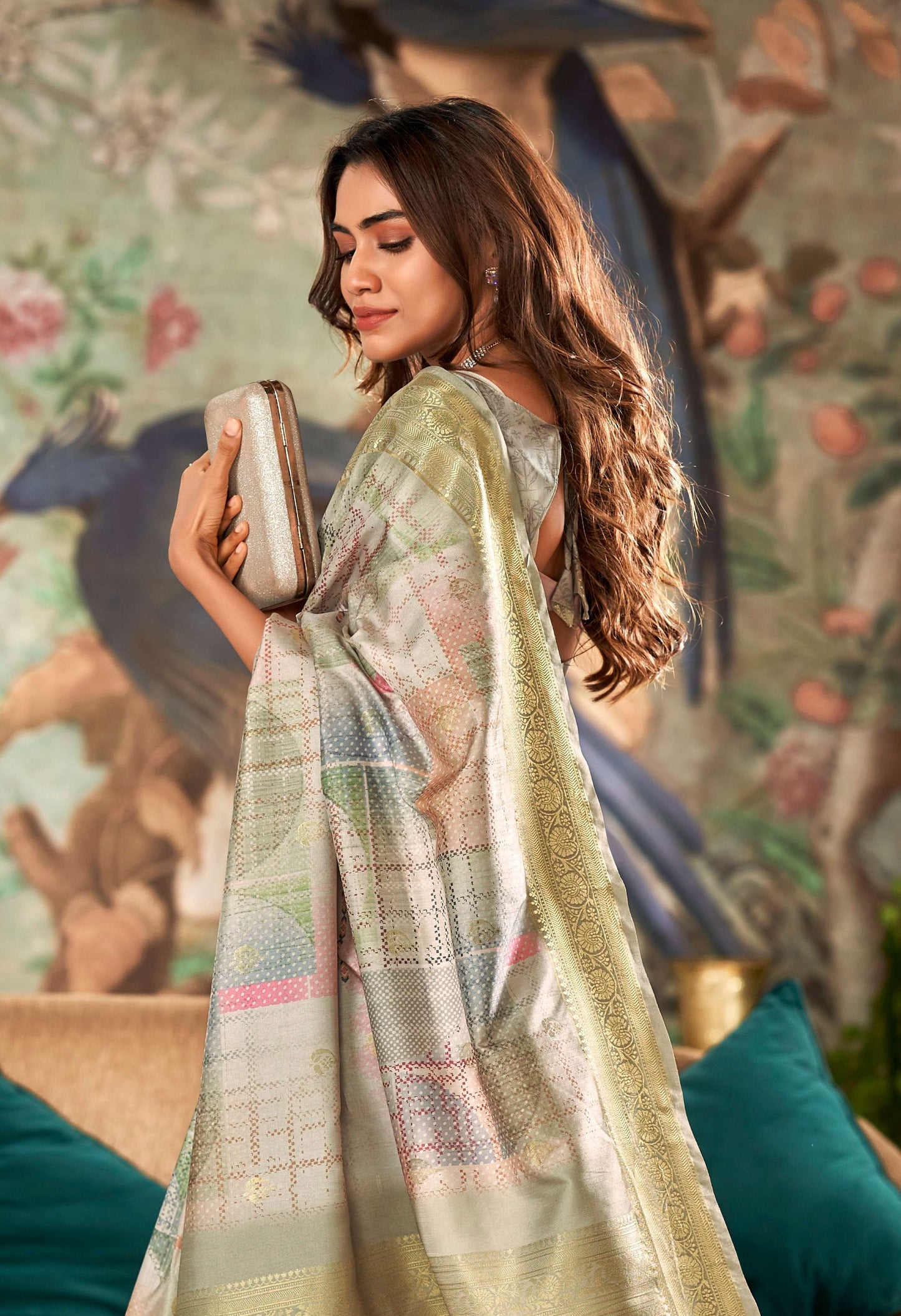 Anaita Grey Designer Digital Printed Soft Silk Saree With Blouse