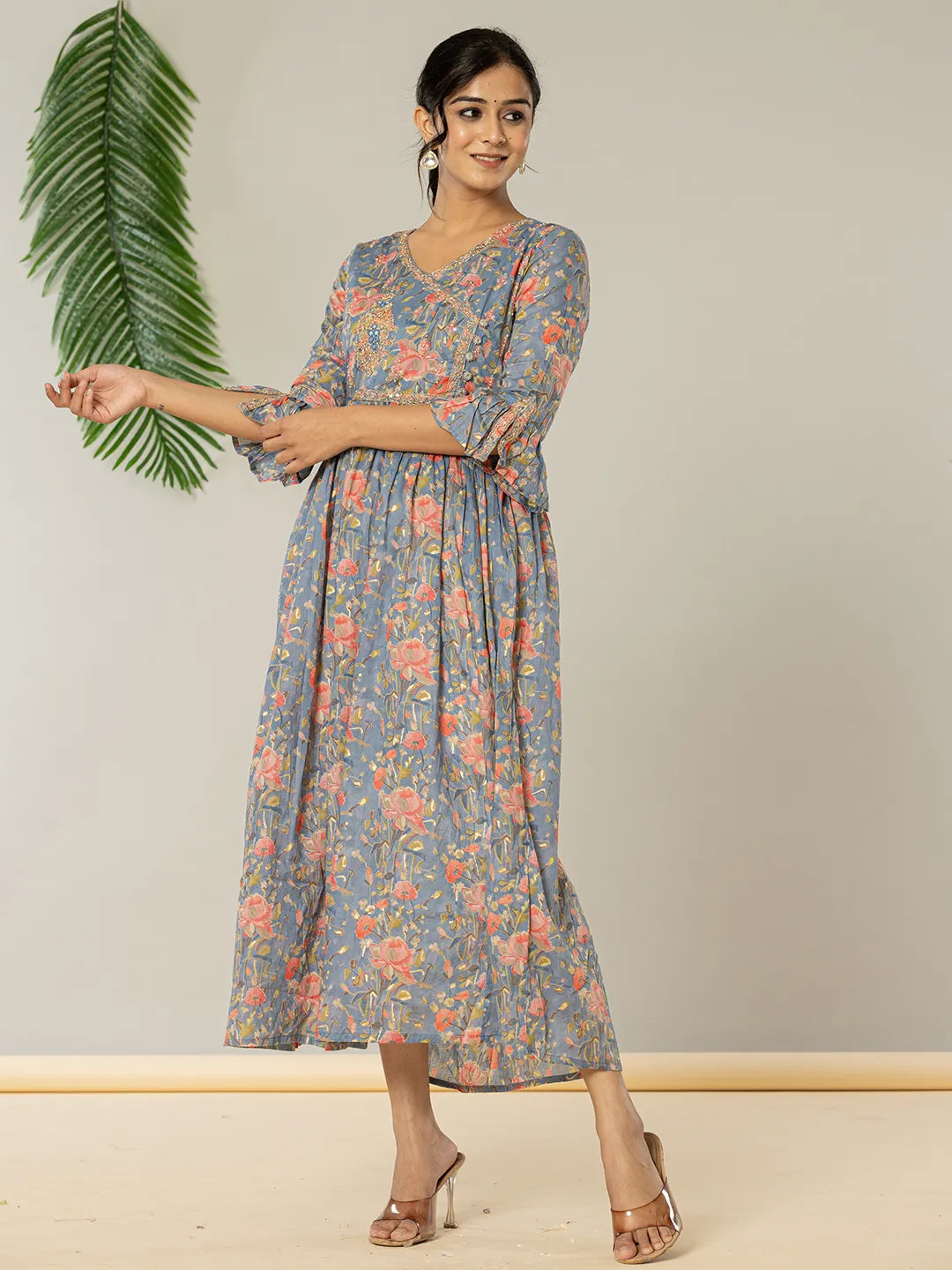 Yufta Blue Pure Cotton Beads And Stones Gathers Angrakha Dress