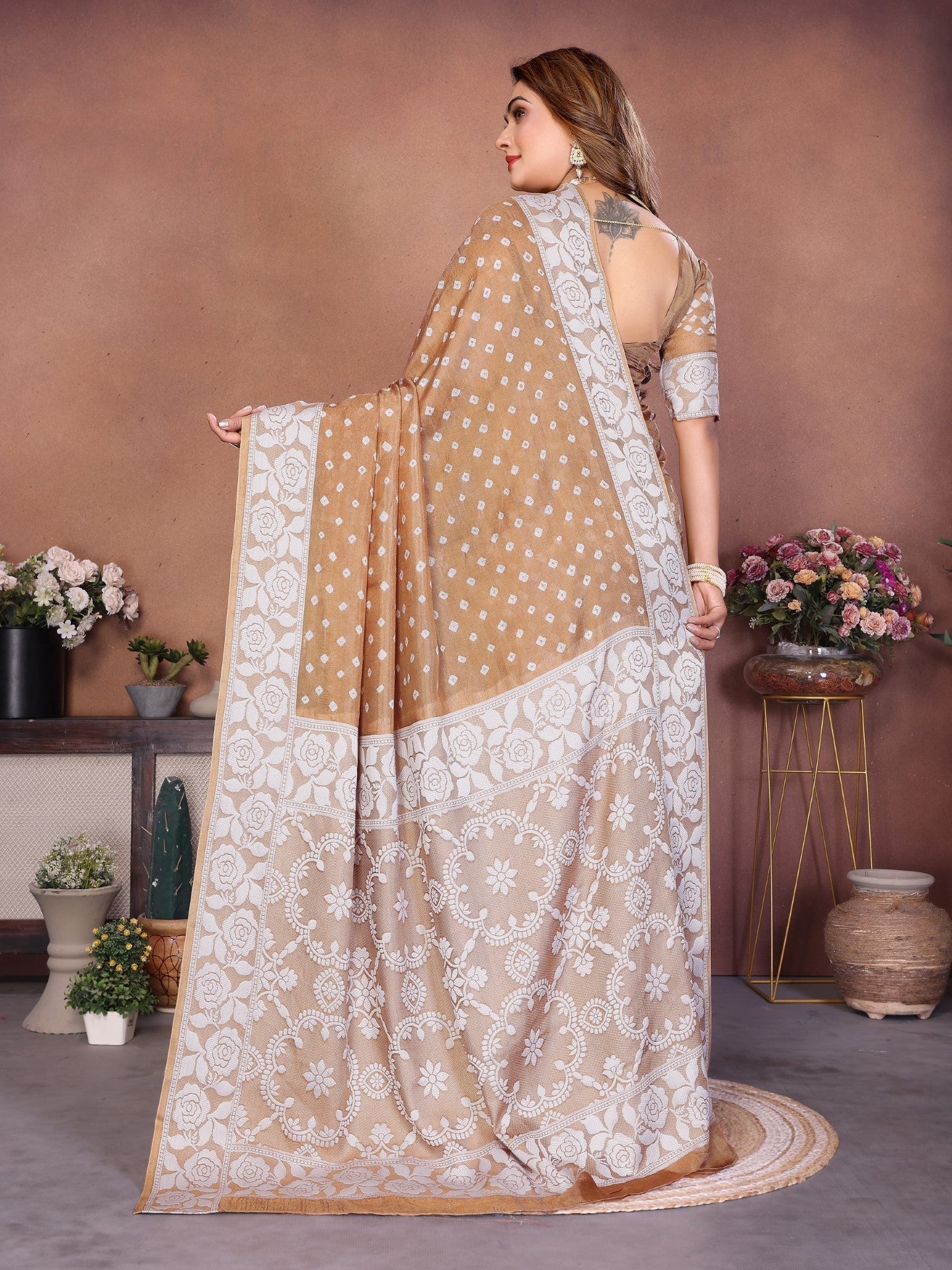 Anaita Cream Handmade Bandhej Viscose Silk Saree With Blouse