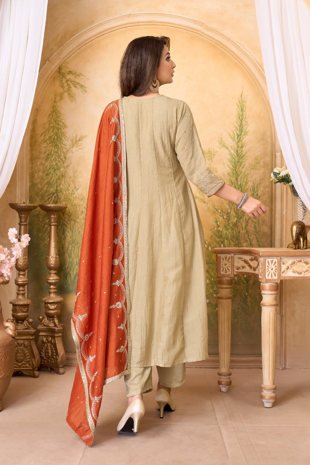 Anaita Cream Rust Anarkali Readymade Suit with Embroidery Work