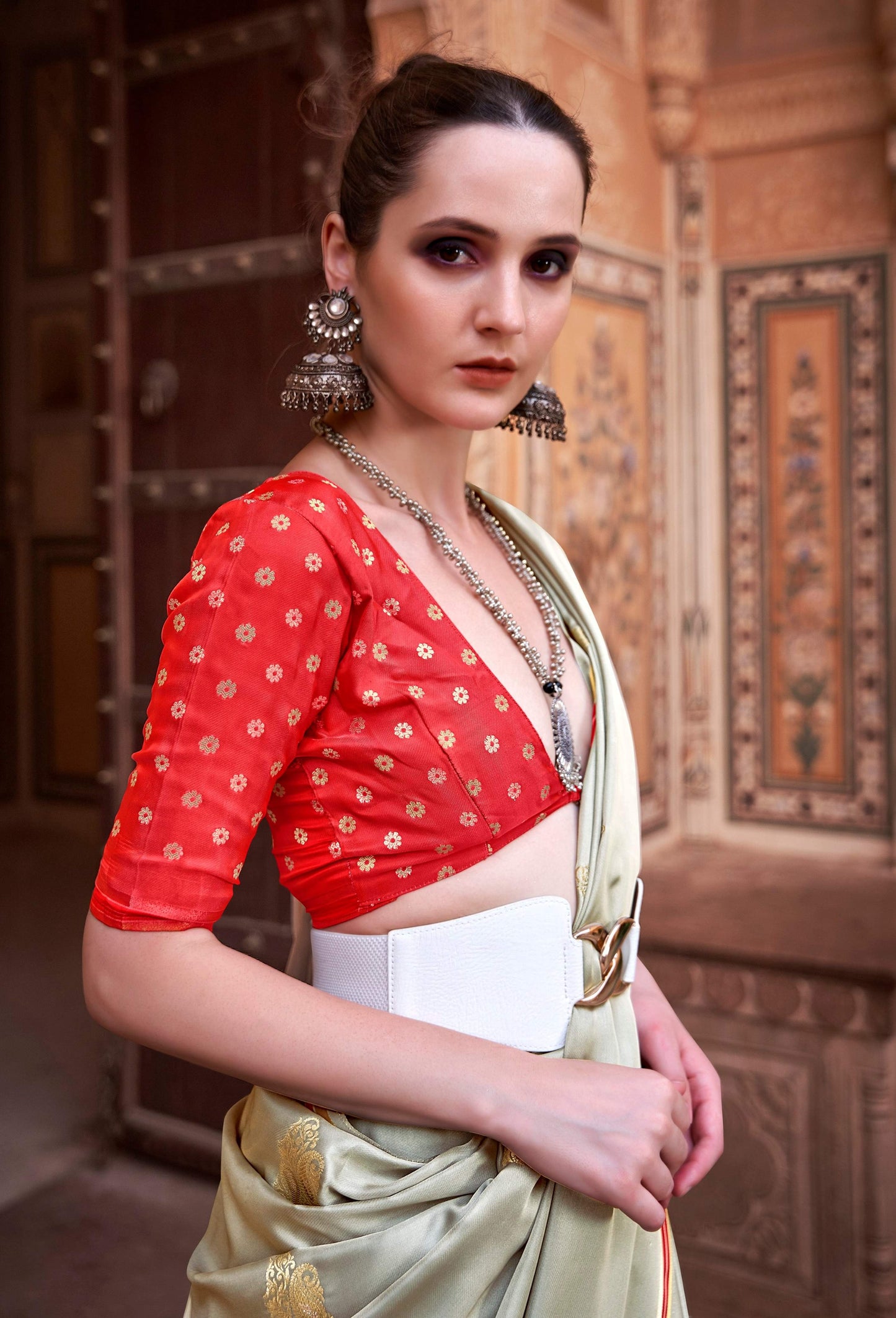 Anaita Light Green Pure Satin Silk With Zari Weaving Saree With Blouse