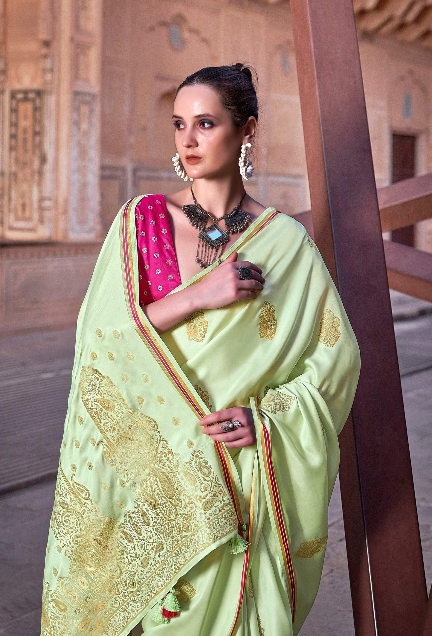 Anaita Green Pure Satin Silk With Zari Weaving Saree With Blouse