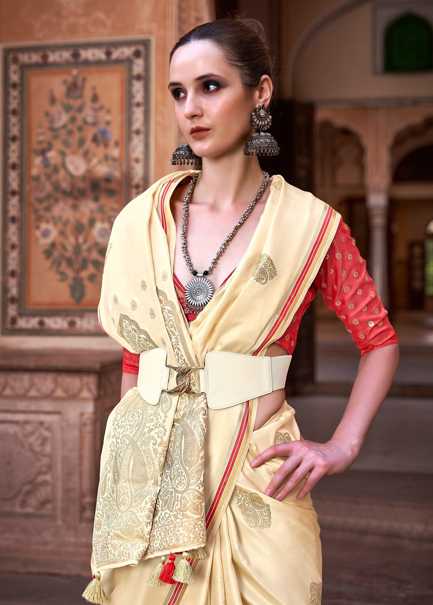 Anaita Cream Pure Satin Silk With Zari Weaving Saree With Blouse