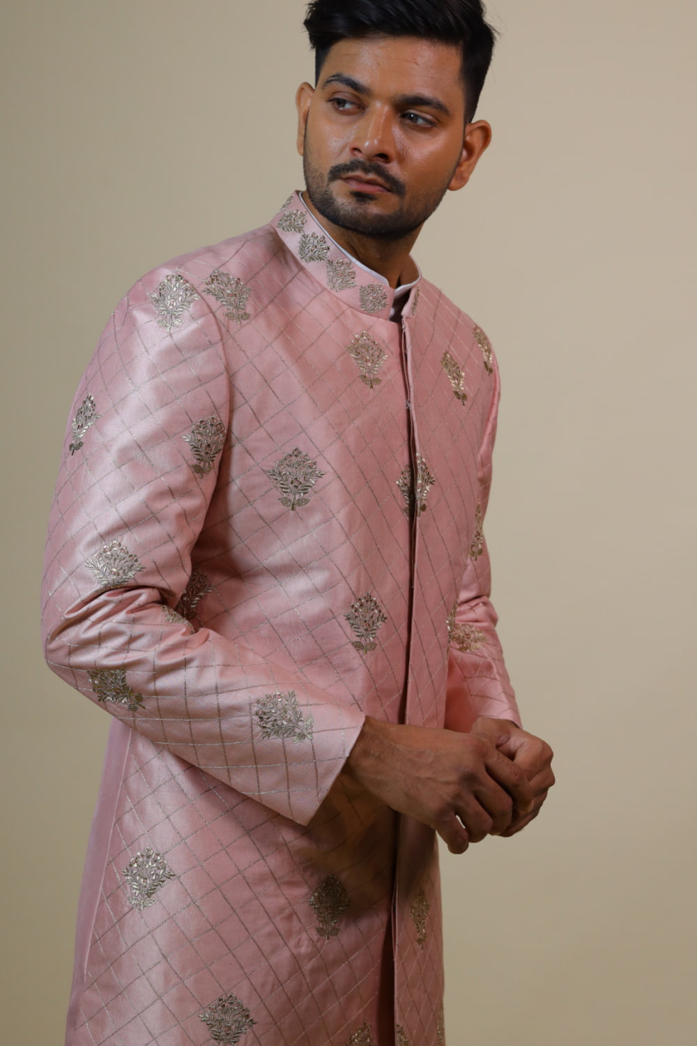 Light Coral Embroidered Designer Men's Sherwani by Hilo Design