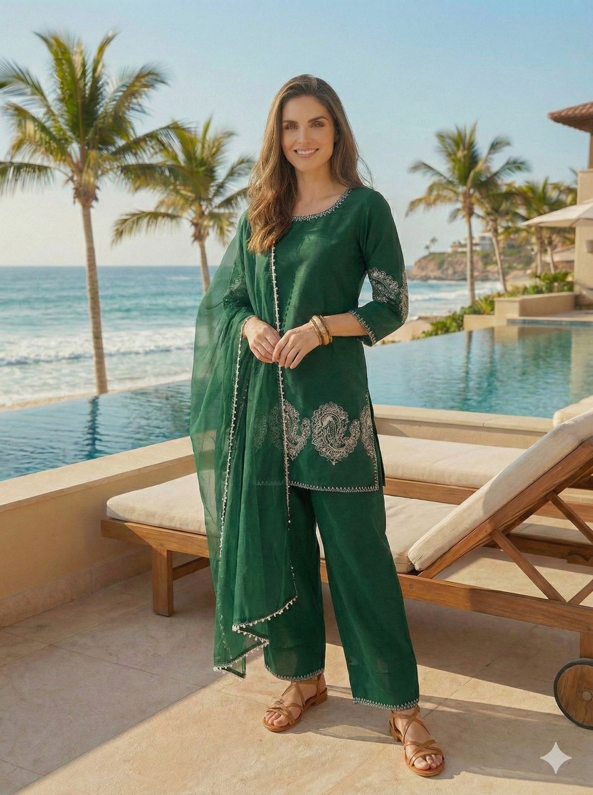 Anaita D Green Crepe Stitched Suit With Sequence Embroidery Work