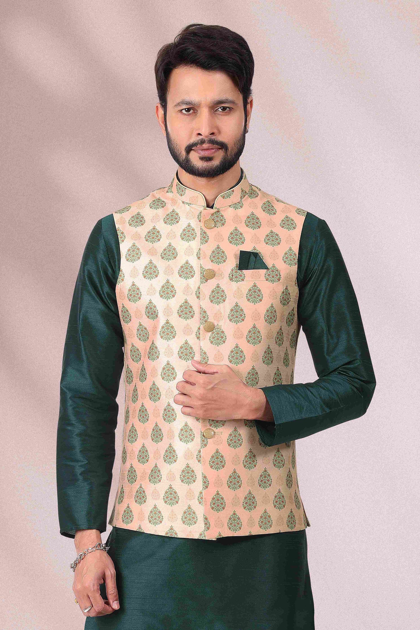 Raivat Ethnic Art Banarasi Silk Printed Work 3 Pics Jacket Set In Peach Colour