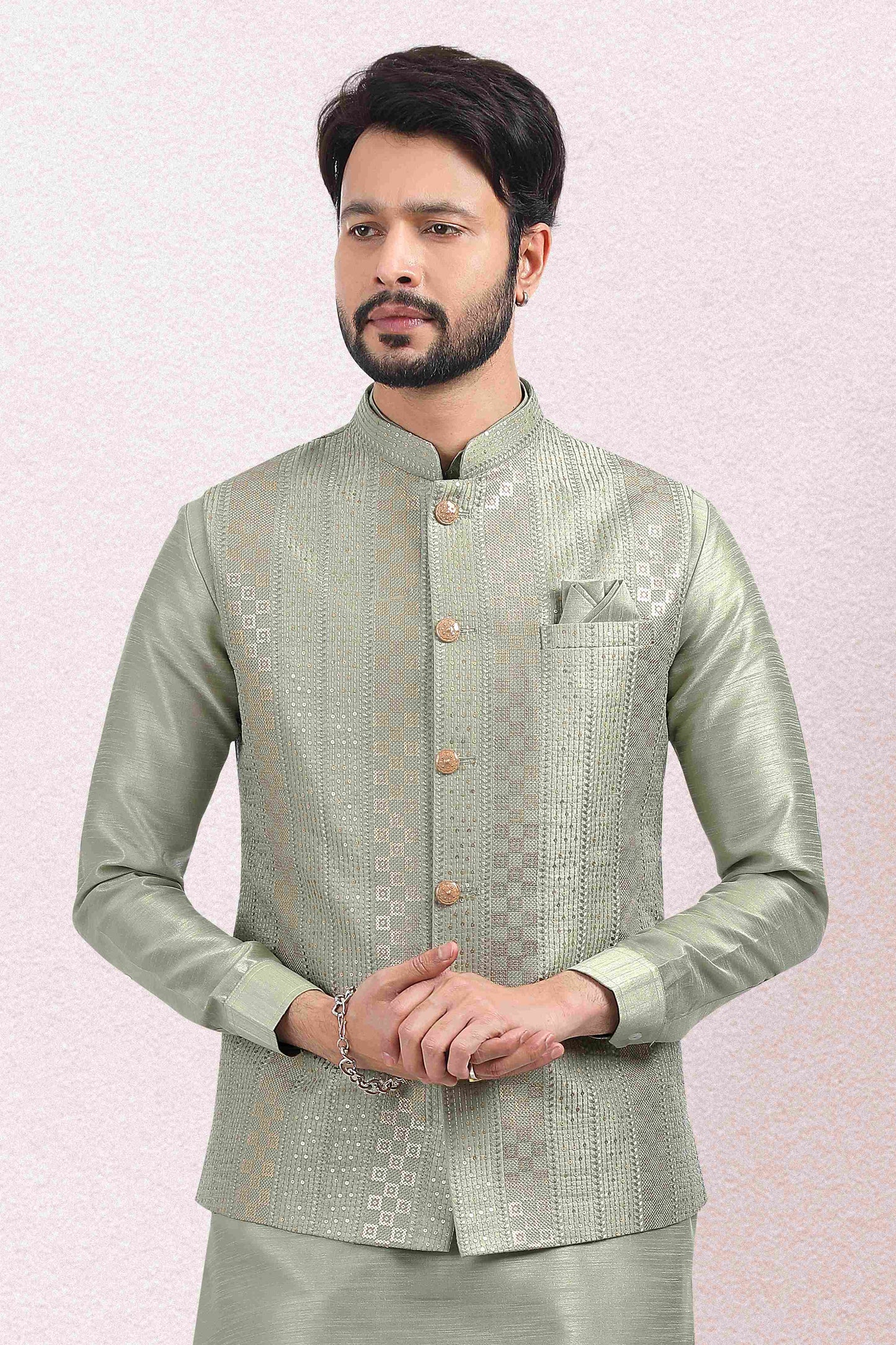 Raivat Ethnic Art Banarasi Silk Thread Work 3 Pics Jacket Set In Pista Green Colour