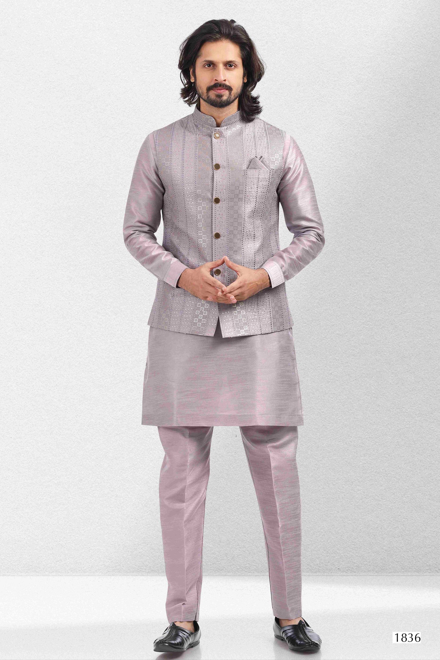 Raivat Ethnic Art Banarasi Silk Thread Work 3 Pics Jacket Set In Light Purple Colour