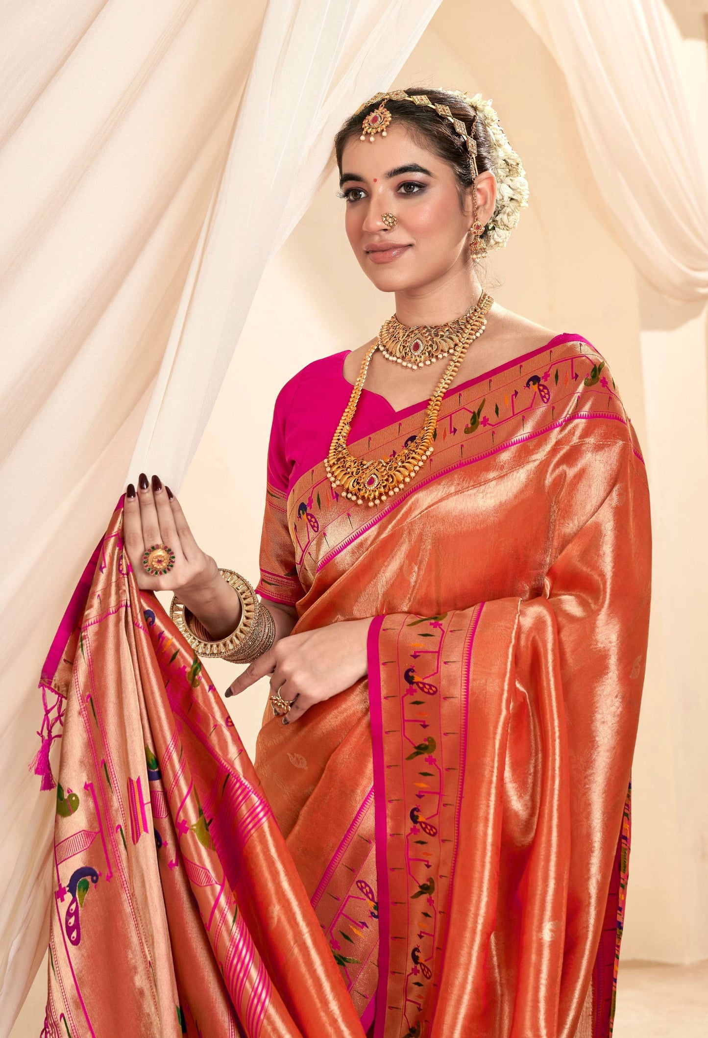 Anaita Orange Designer Weaving Pure Paithani Tissue Silk Saree With Blouse