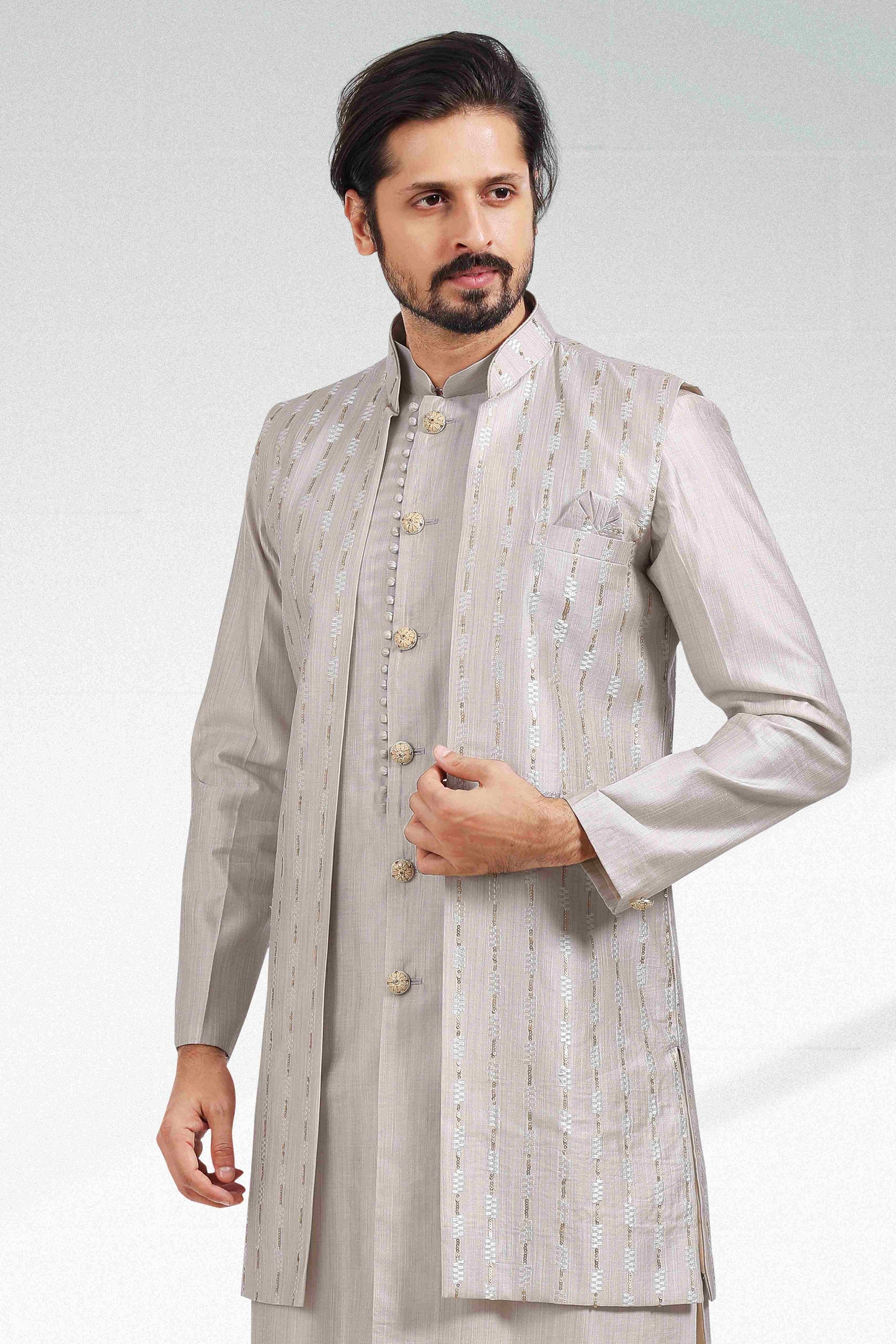 Raivat Ethnic Art Banarasi Silk Thread Work 3 Pics Jacket Set In Grey Colour