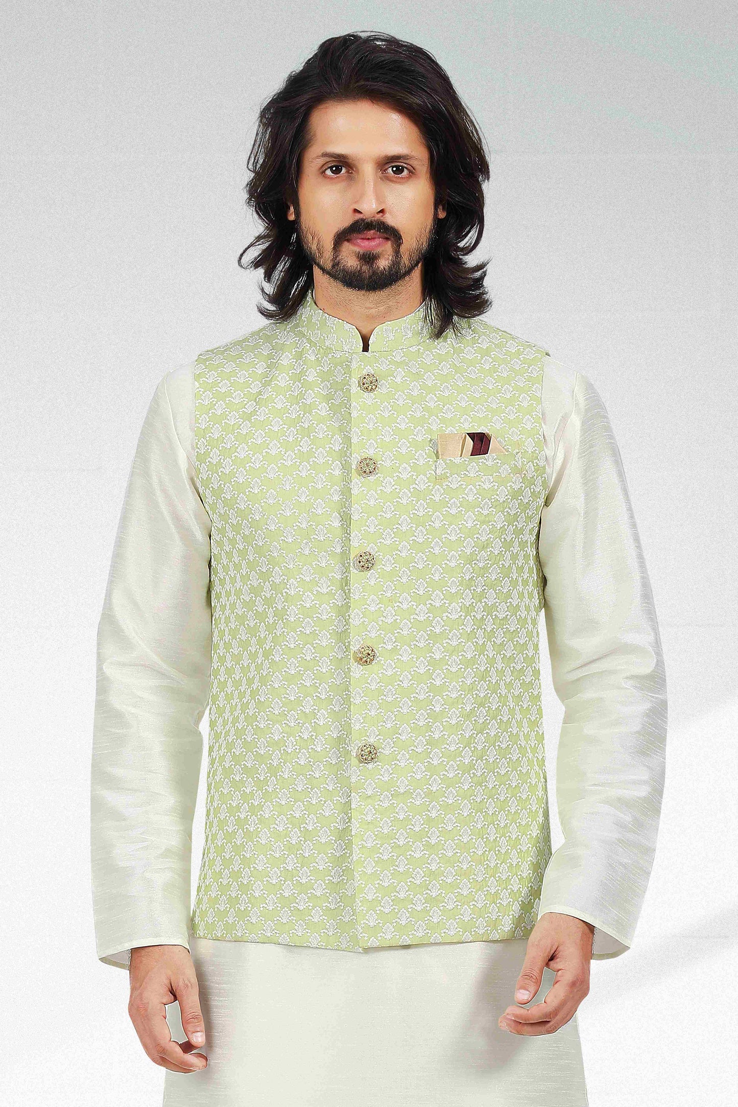 Raivat Ethnic Art Banarasi Silk Thread Work 3 Pics Jacket Set In Pista Green Colour