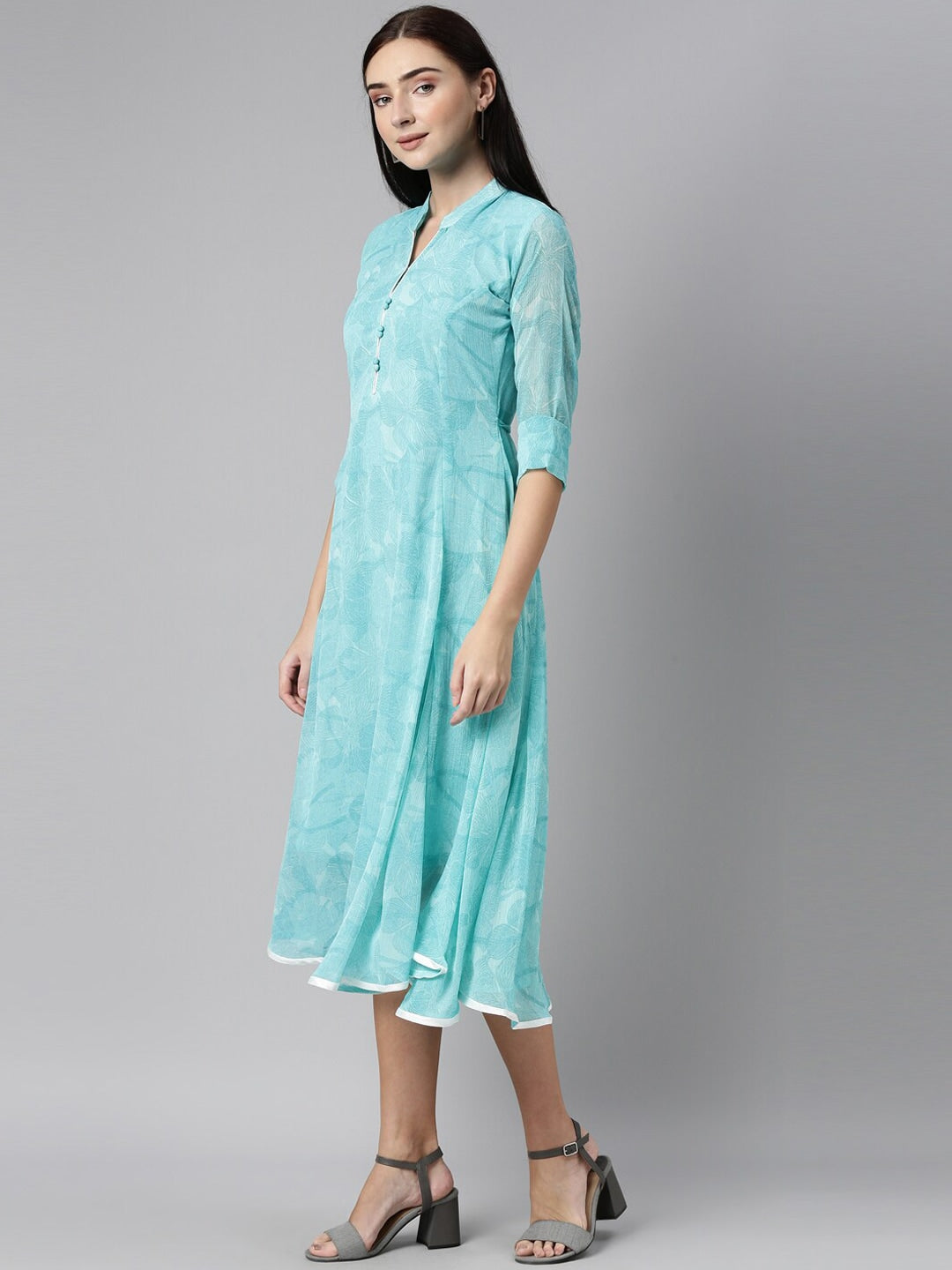 Souchii Blue Floral Chiffon A-Line Midi Dress