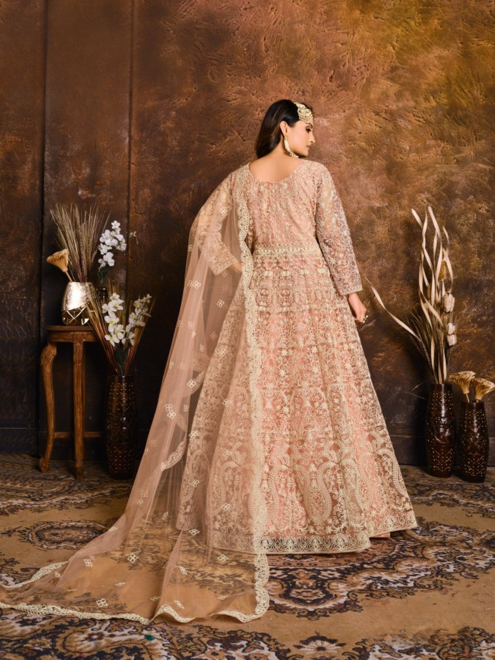 Anaita Peach Embroidered Net Anarkali Suit