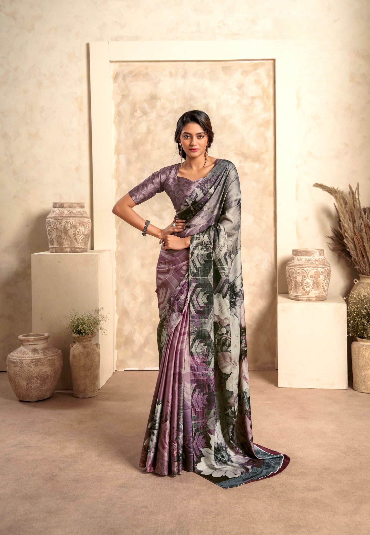 Anaita Lavender Soft Satin Silk With Zari Weaving Saree With Blouse