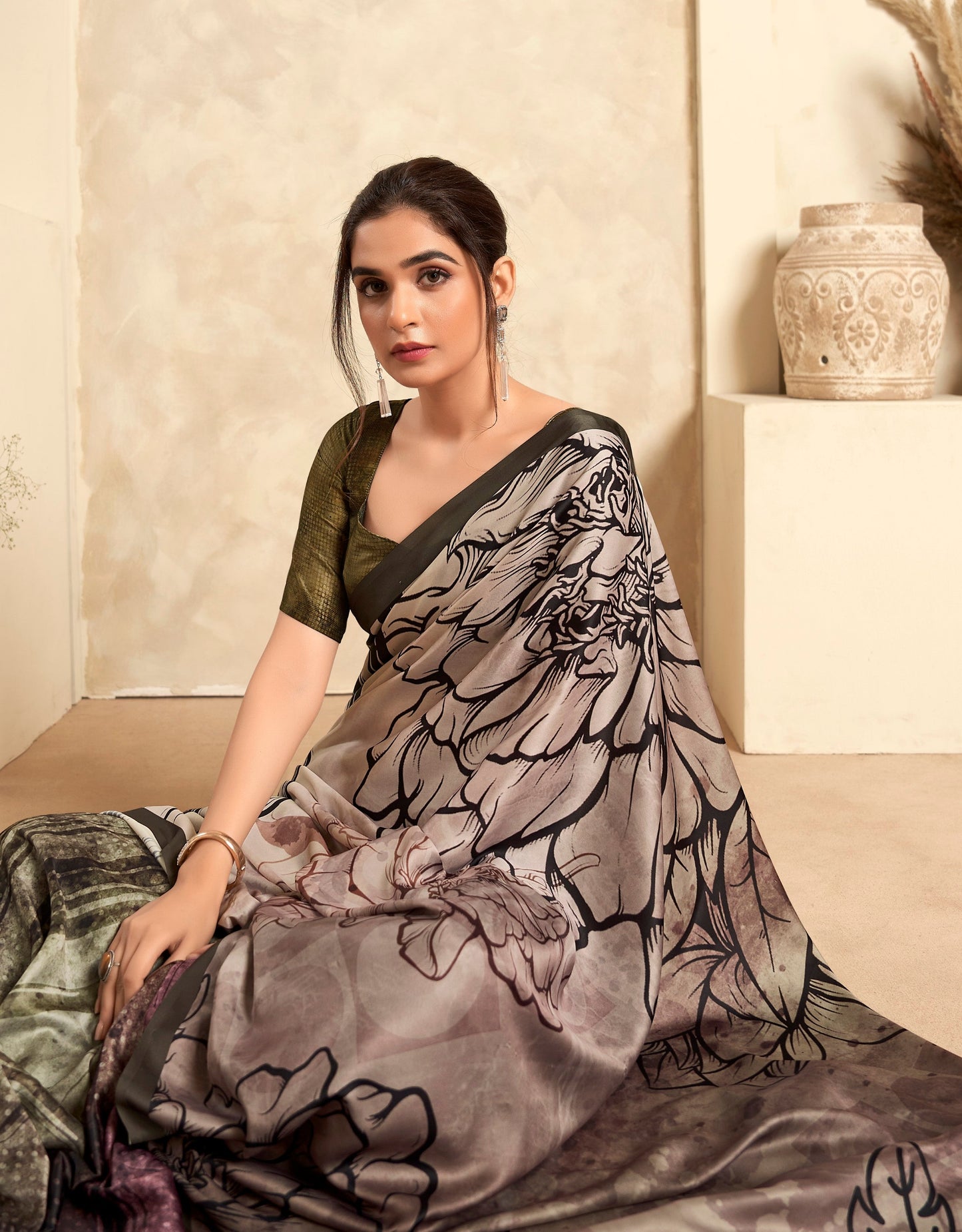 Anaita Light Brown Soft Satin Silk With Zari Weaving Saree With Blouse