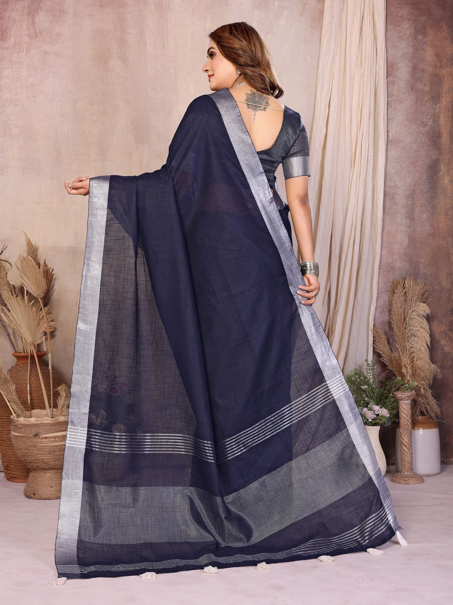 Anaita Teal Weaving Linen Cotton Saree With Blouse