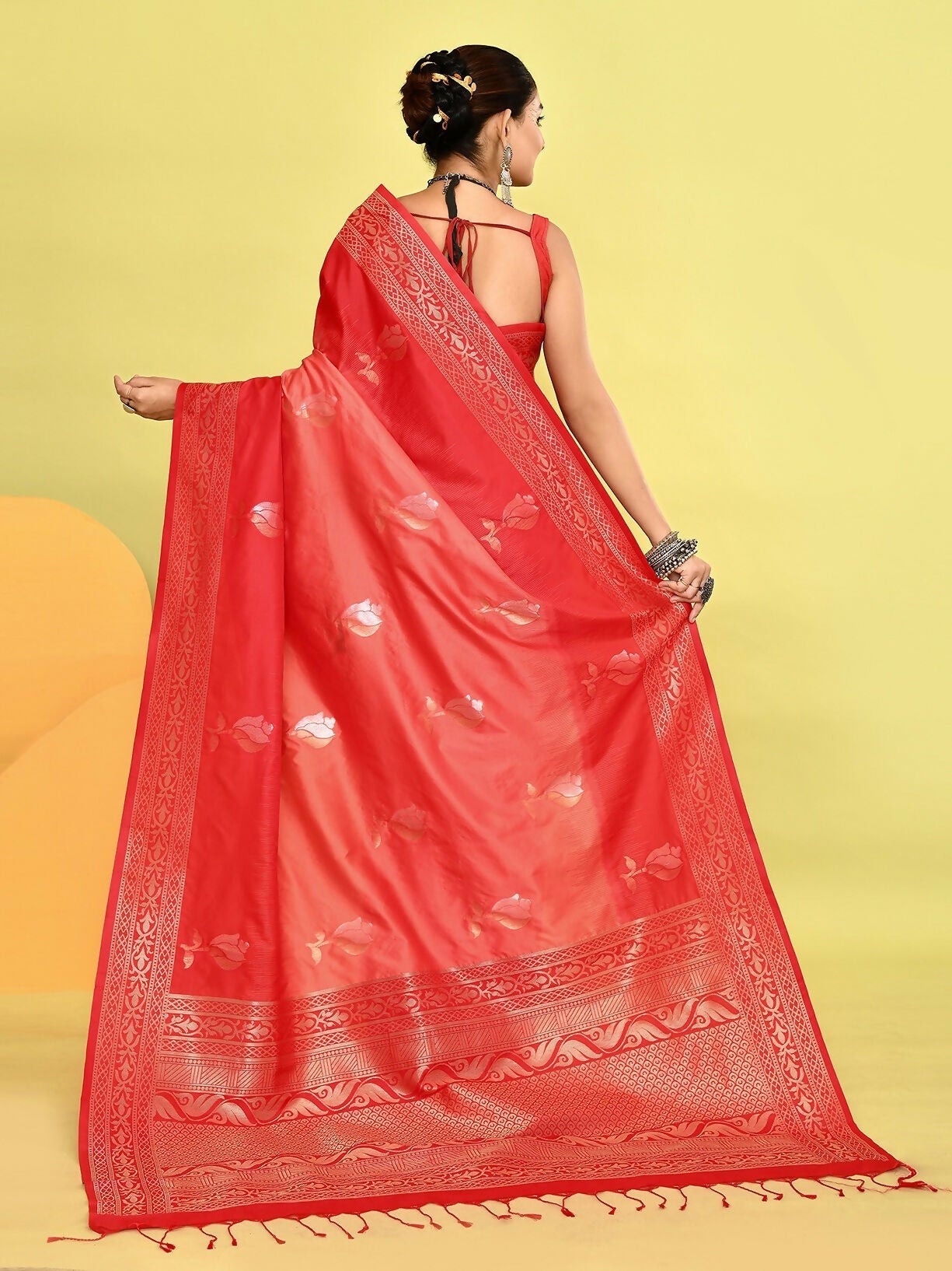 Joban Fashion Peach & Red Plain With Weaving Border Banarasi Silk Sarees