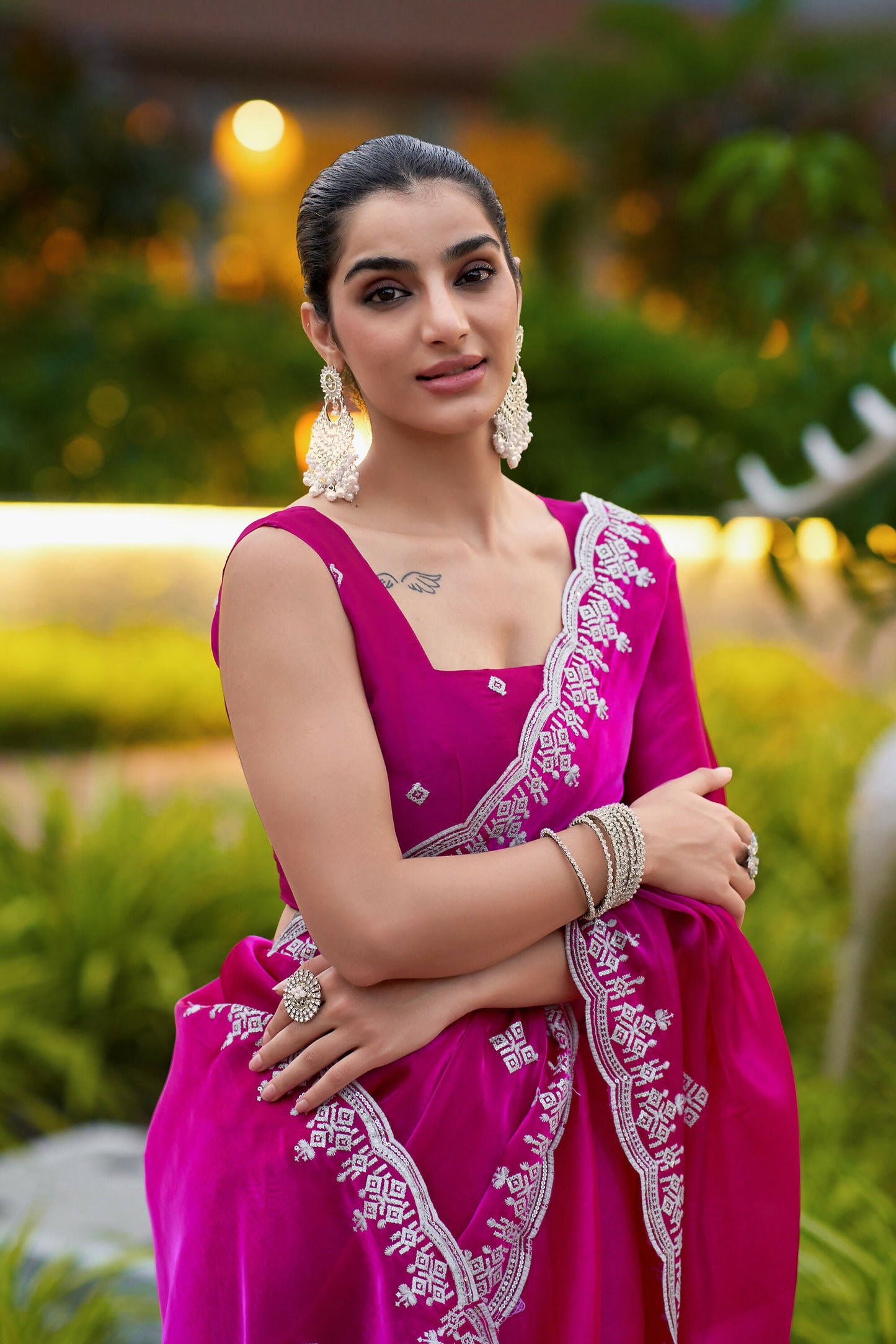 Vastranavya Pink Embroidery Work Shimmer Chiffon Saree with Unstitched Blouse