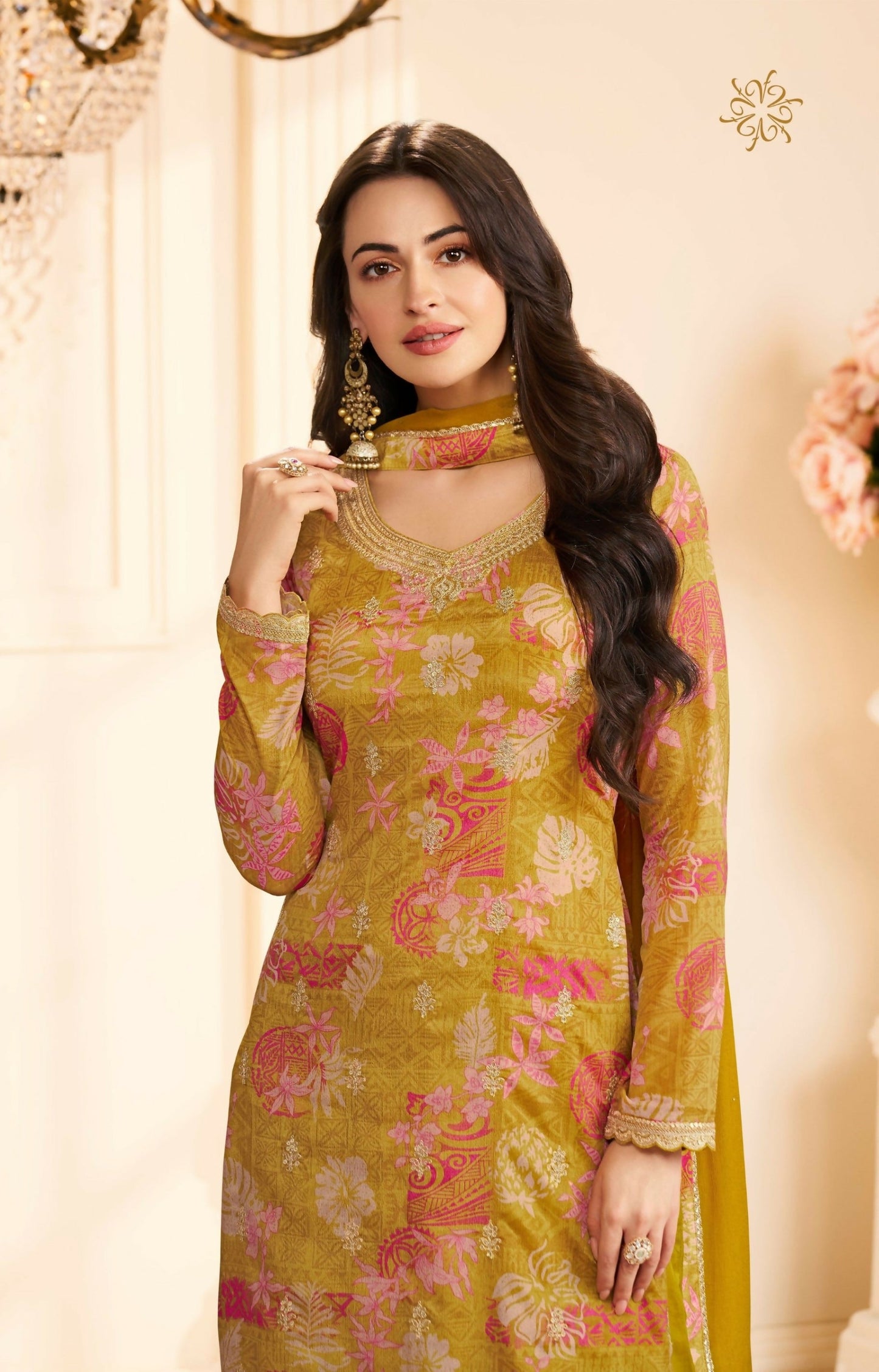 Anaita Mustard Chinon Stitched Suit with Multi Digital Print