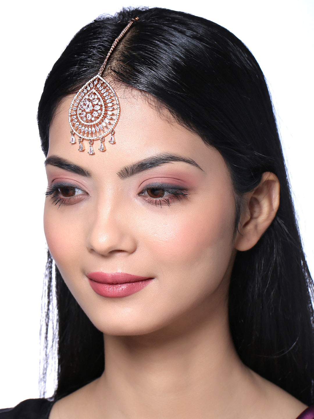 Yellow Chimes Rose Gold-Polished Ad Stone-Studded Maang Tikka