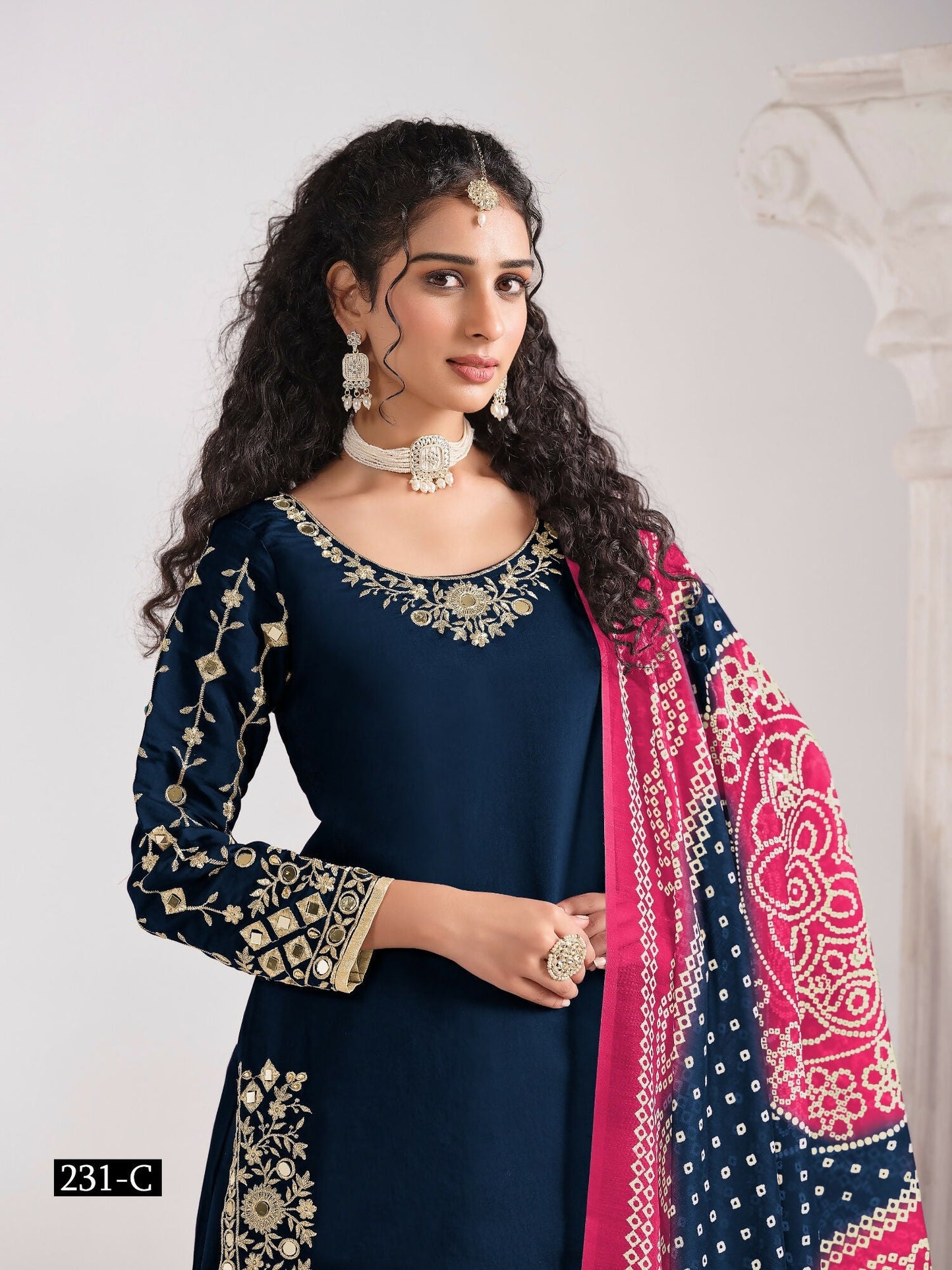 Anaita Navy Blue Roman Silk Stitched Suit with Embroidery & Real Mirror Work