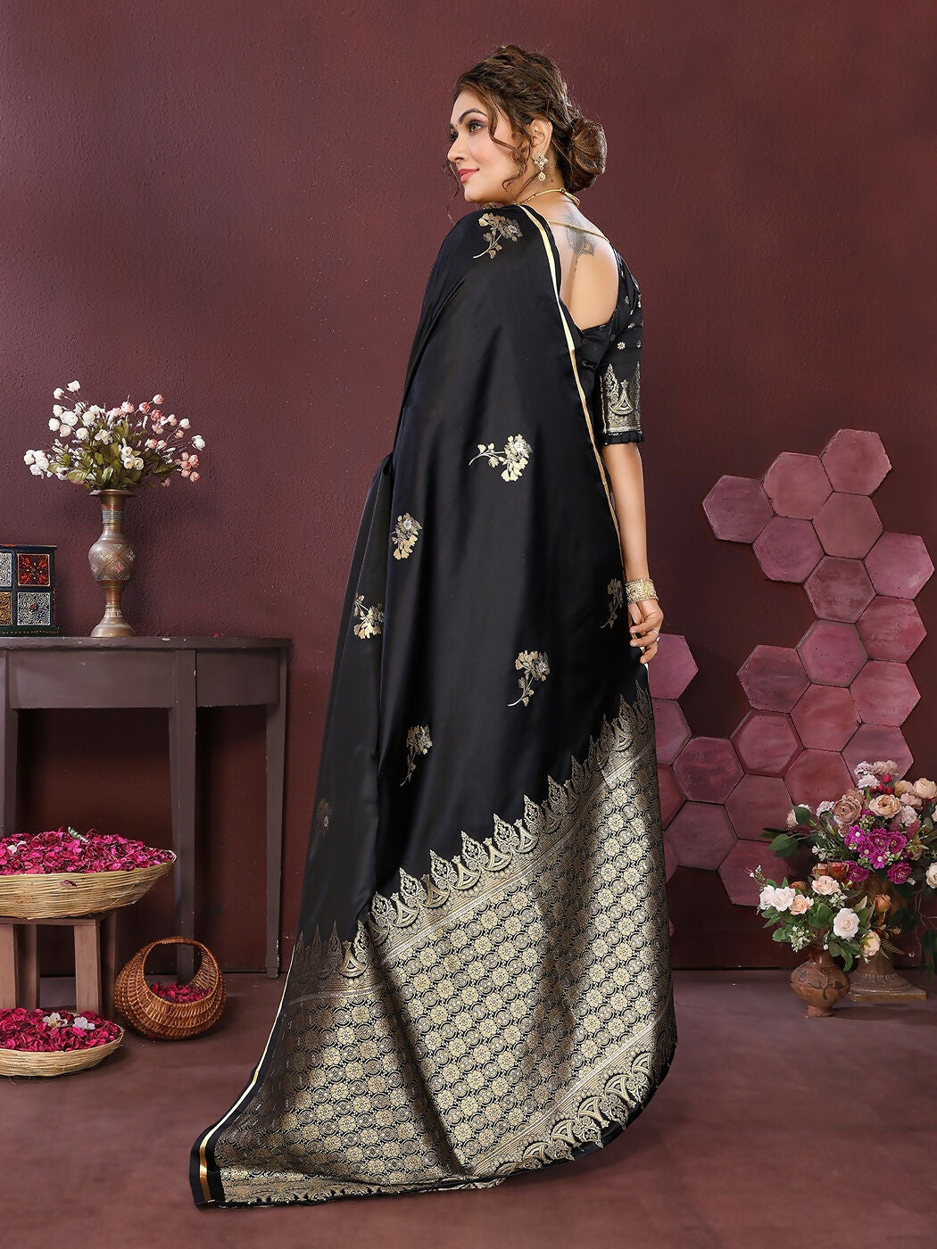 Joban Fashion Black Floral Banarasi Silk Sarees