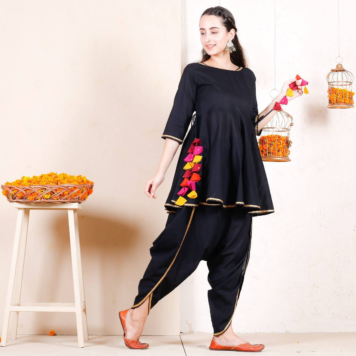 Cheera Black Dhoti Peplum Top Set With Multicolour Tassels (CH125KD)