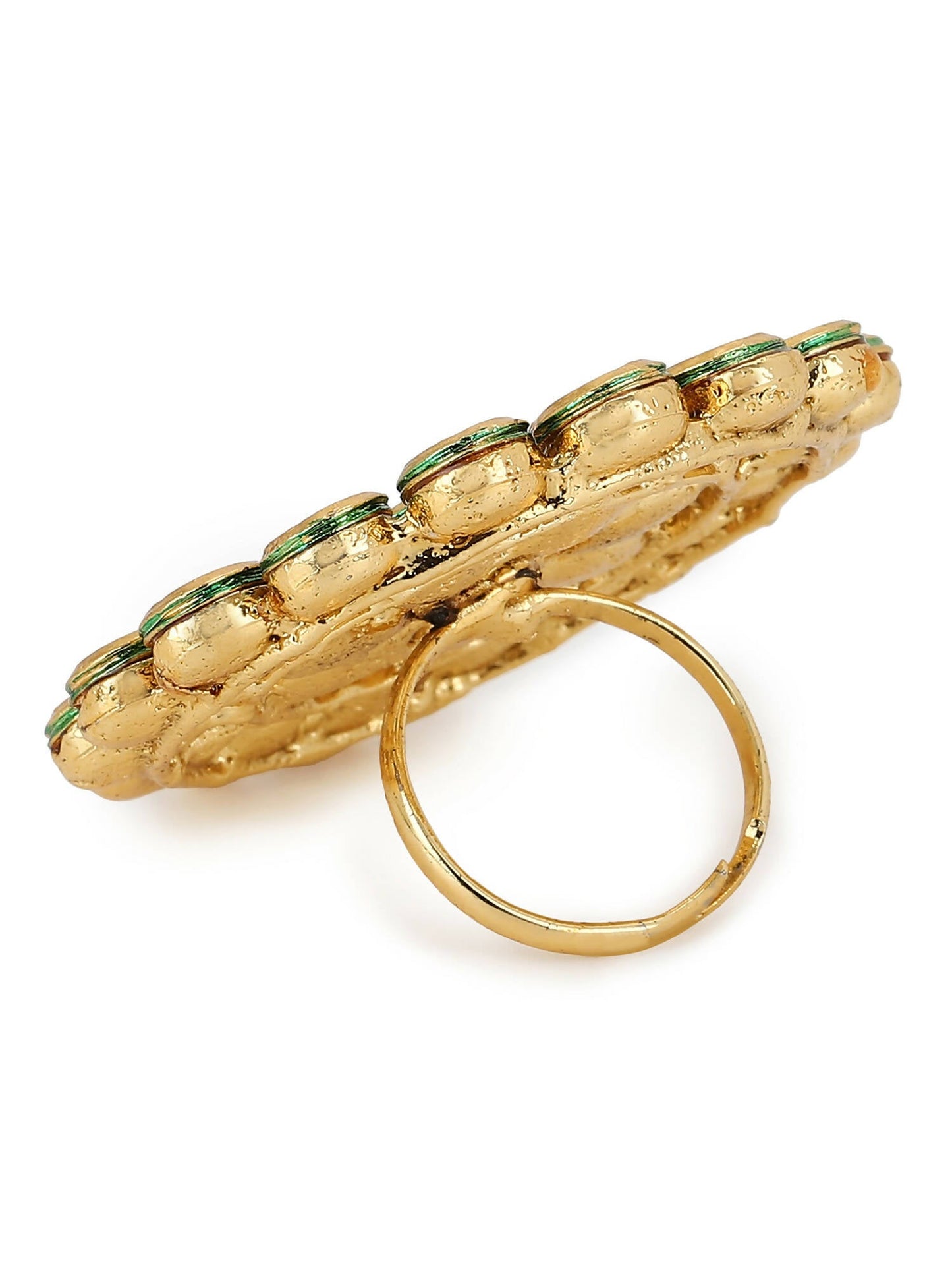 Gold-Polished White Kundan-Studded Adjustable Finger Ring - Ruby Raang