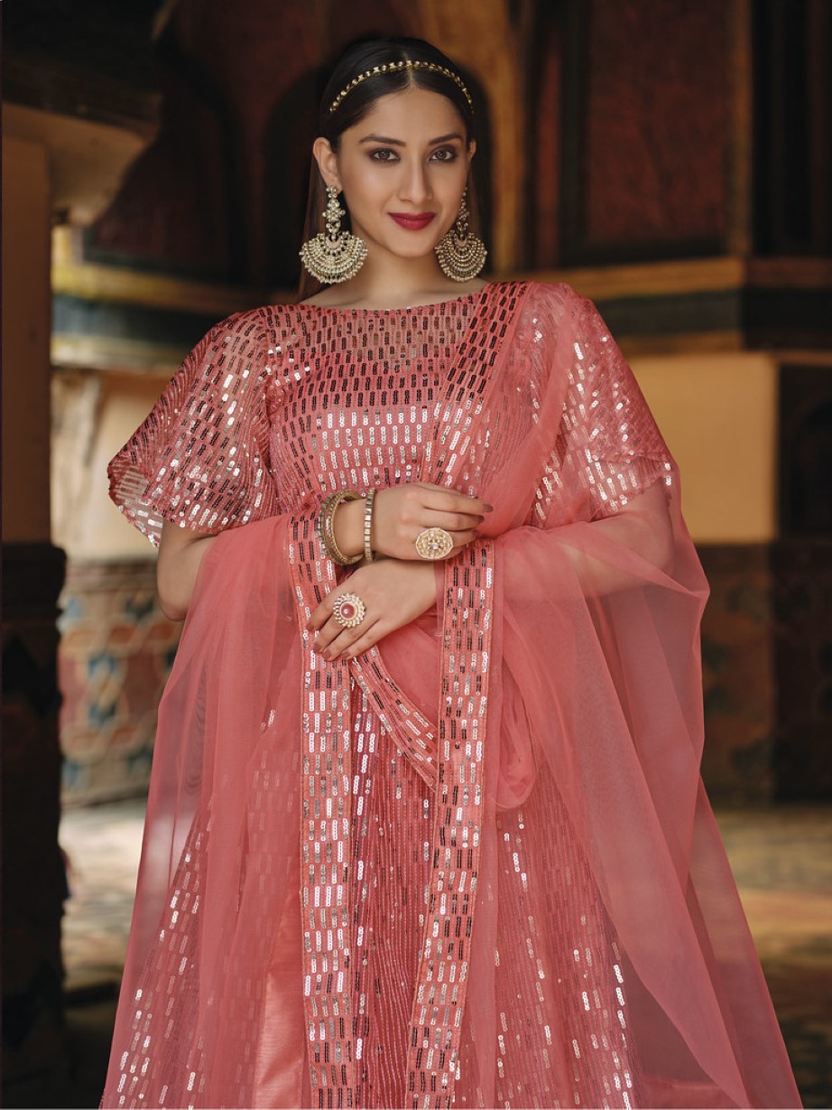 Anaita Peach Net Lehenga Choli With Embroidery & Sequence Work